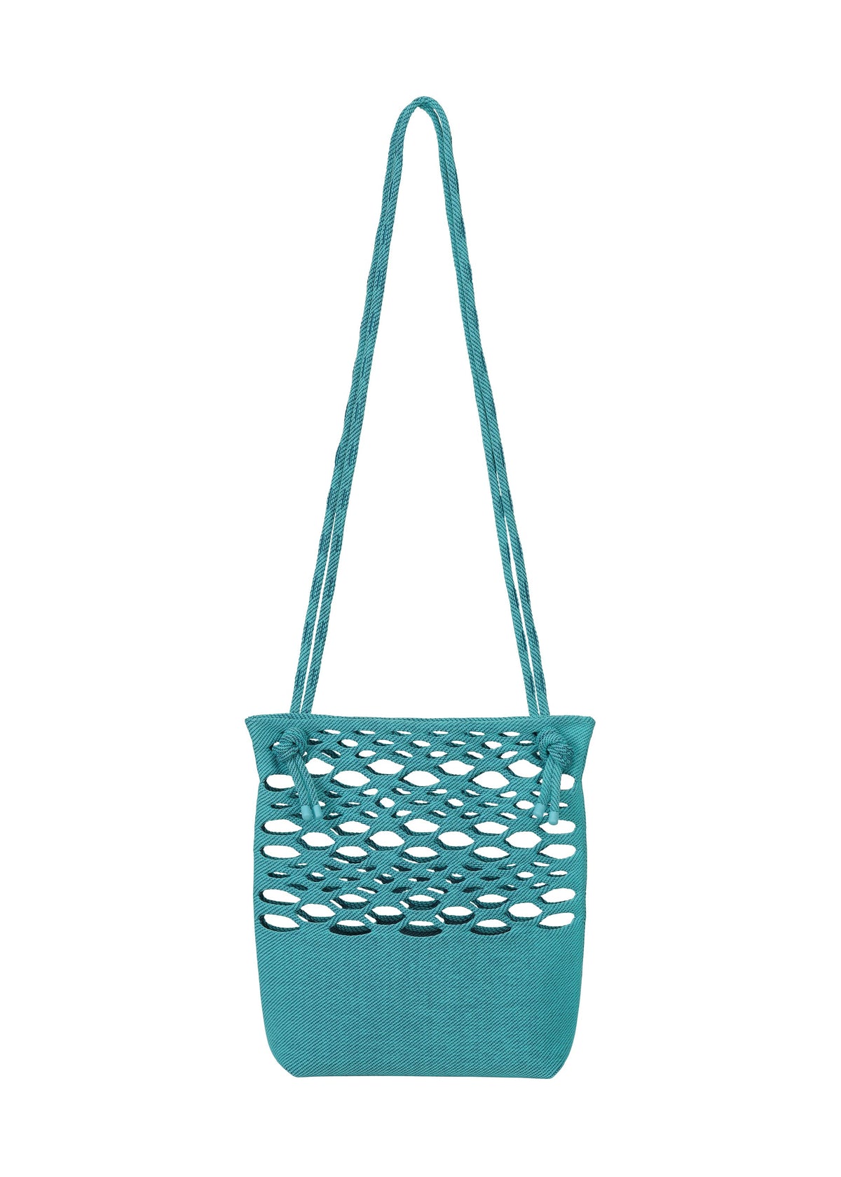 The MOKKO BASKET by GOOD GOODS ISSEY MIYAKE is a teal woven bag with large oval cutouts on top, solid fabric below, two long braided straps, and a washable finish for easy care. view 6 of 9