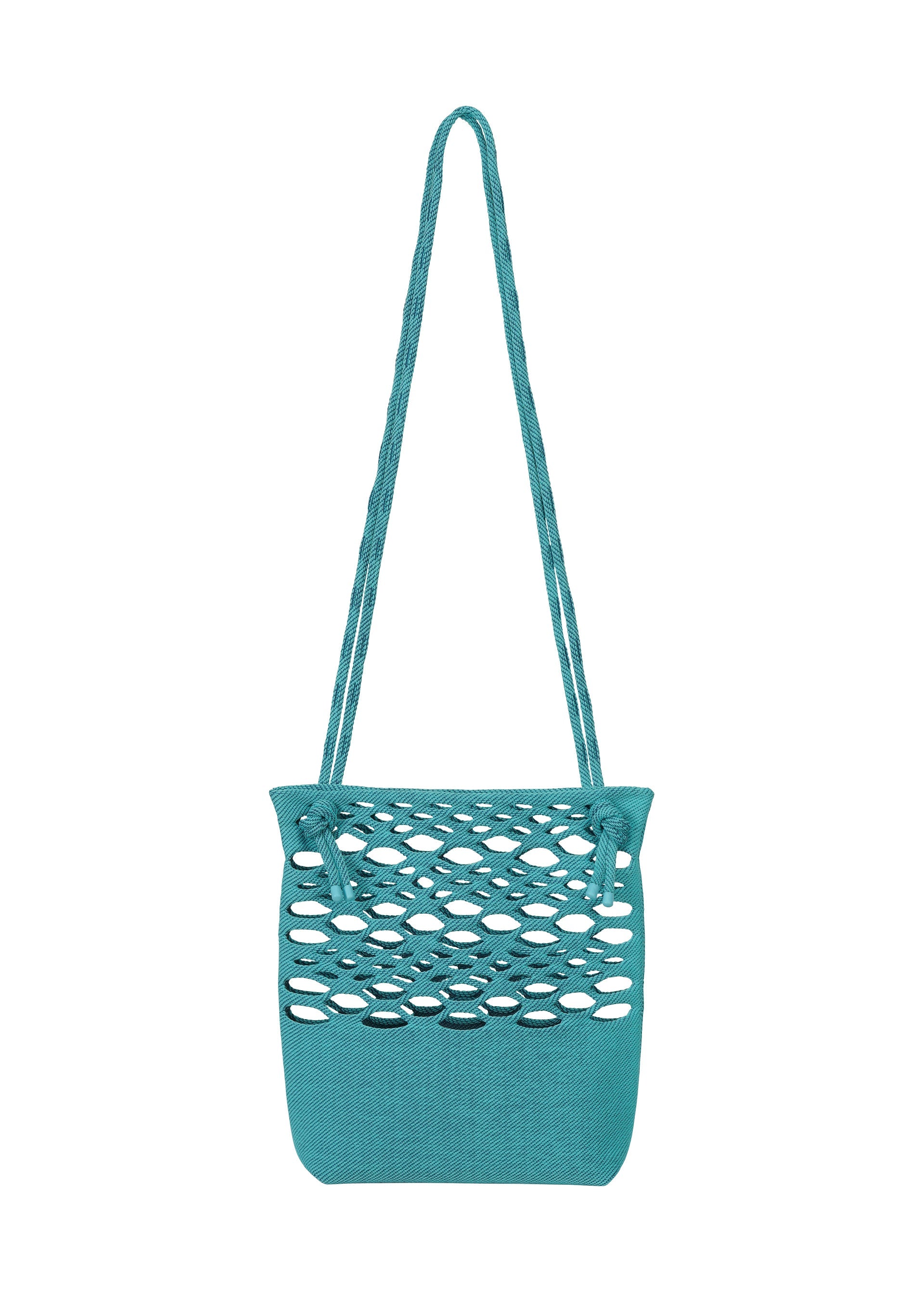 Zoomed view The MOKKO BASKET by GOOD GOODS ISSEY MIYAKE is a teal woven bag with large oval cutouts on top, solid fabric below, two long braided straps, and a washable finish for easy care.