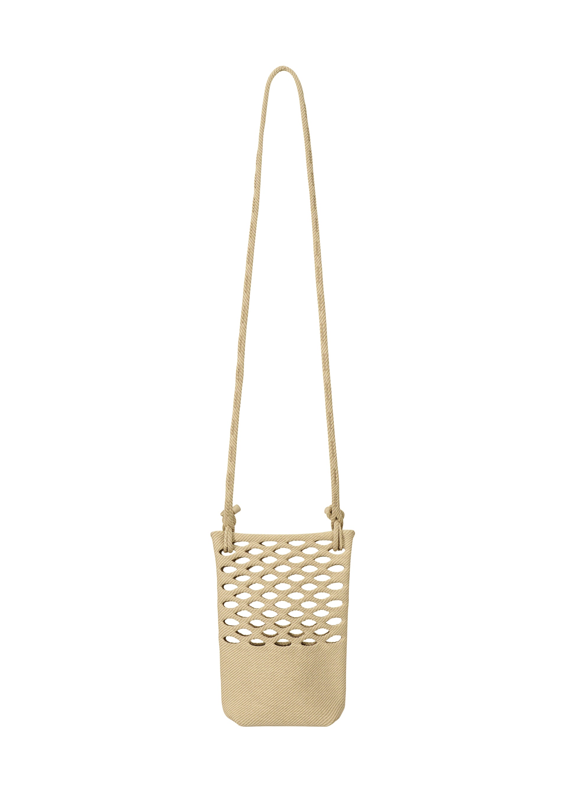 Zoomed view The MOKKO BASKET by GOOD GOODS ISSEY MIYAKE is a beige bag with a long strap, open honeycomb lattice upper, and solid knit-like lower half. Displayed on a white background, it blends modern design with timeless charm. - CREAM×DARK BEIGE （no.46）