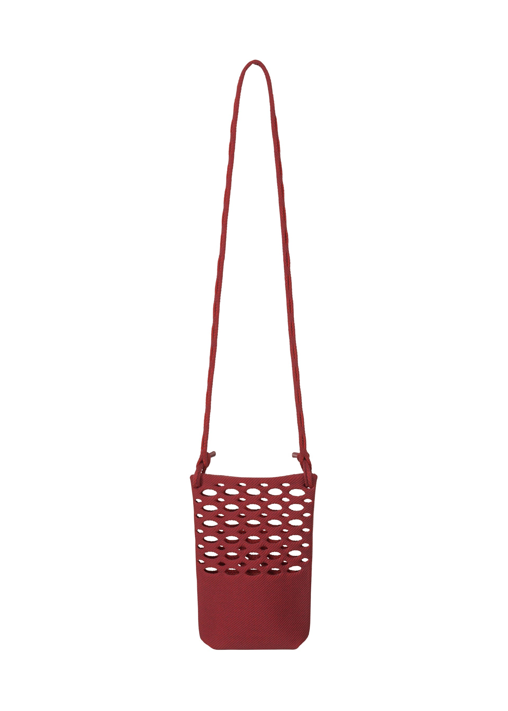Zoomed view The MOKKO BASKET by GOOD GOODS ISSEY MIYAKE is a small red shoulder bag with a long strap and open honeycomb-style cutouts on the front, reminiscent of a chic knit pochette. - DARK BORDEAUX×CRIMSON RED （no.82）
