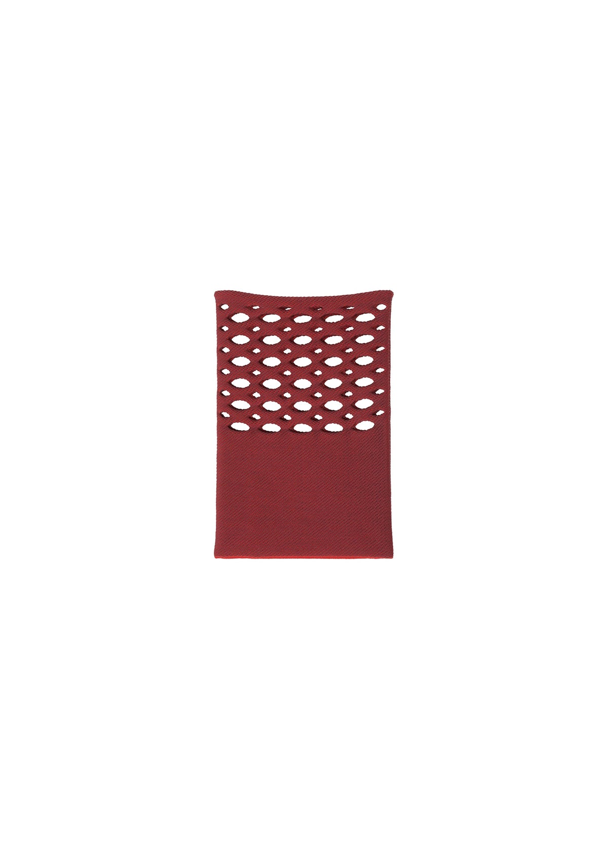 The MOKKO BASKET by GOOD GOODS ISSEY MIYAKE is a maroon rectangular fabric with evenly spaced oval cutouts on the upper half, shown on a white background—ideal for crafting a chic knit pochette. view 5 of 8