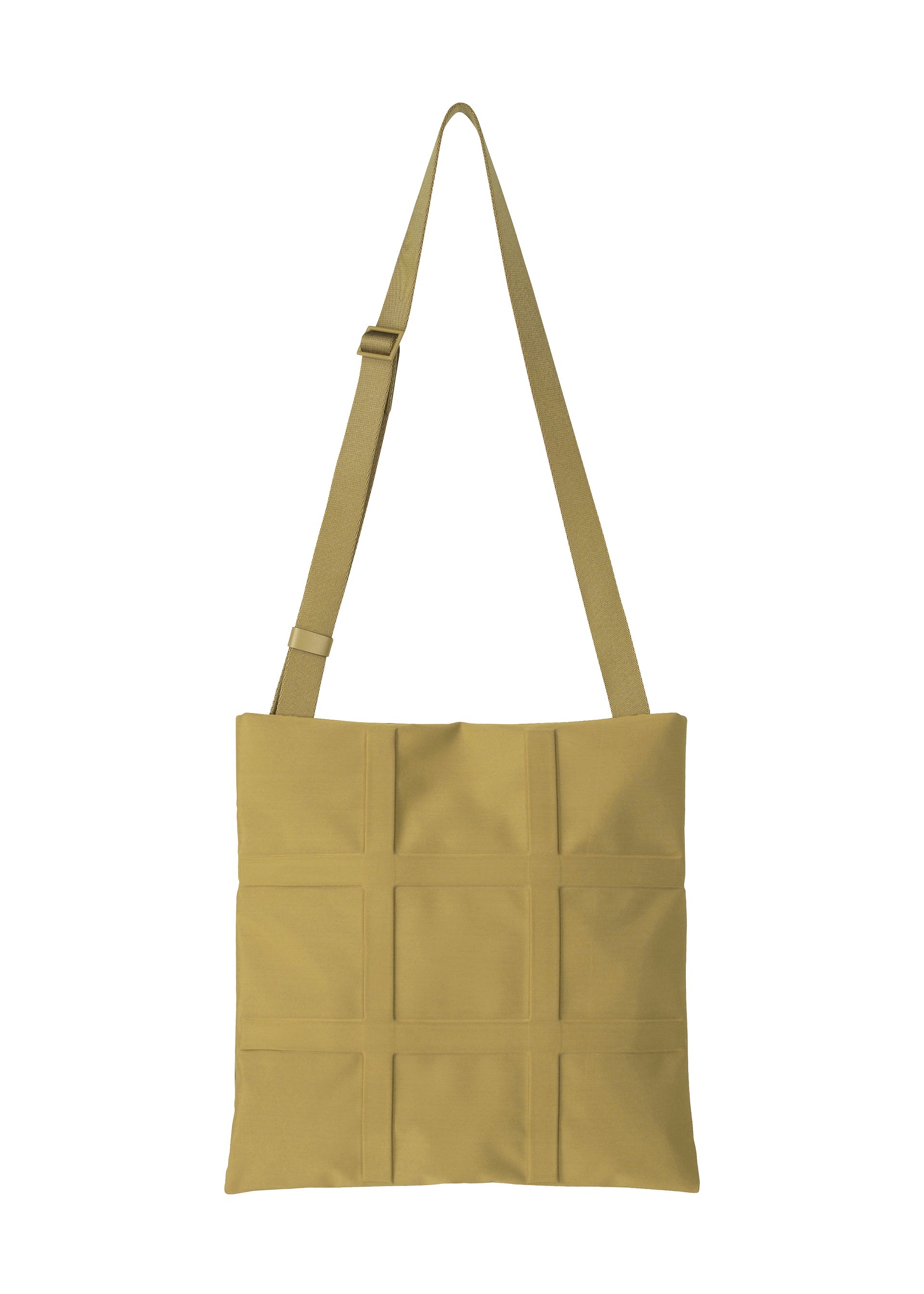 Zoomed view The GRID shoulder bag by GOOD GOODS ISSEY MIYAKE features a tan square design with an adjustable strap and a stitched grid pattern on the front, shown here against a white background. - DARK YELLOW （no.53）