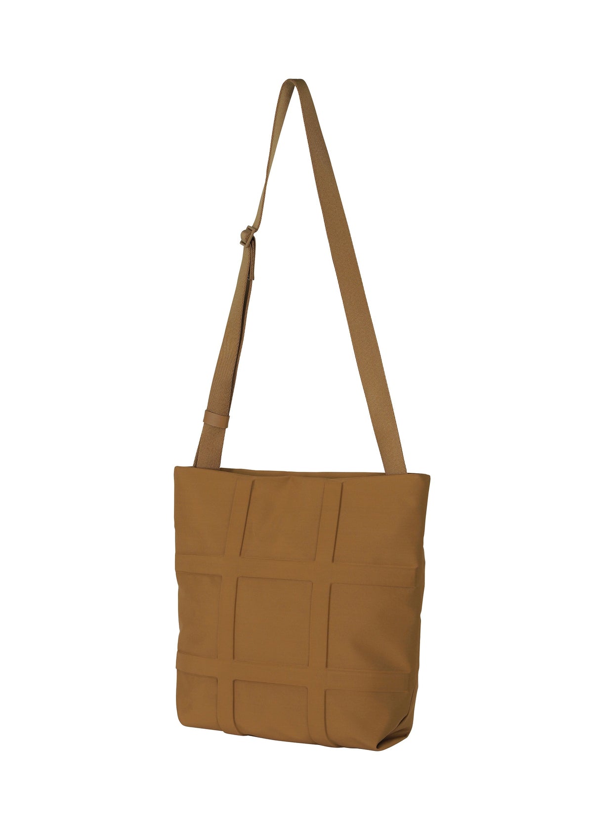 The GRID bag by GOOD GOODS ISSEY MIYAKE, featuring a brown grid pattern, adjustable strap, and rectangular shape, is shown against a white background. view 7 of 10