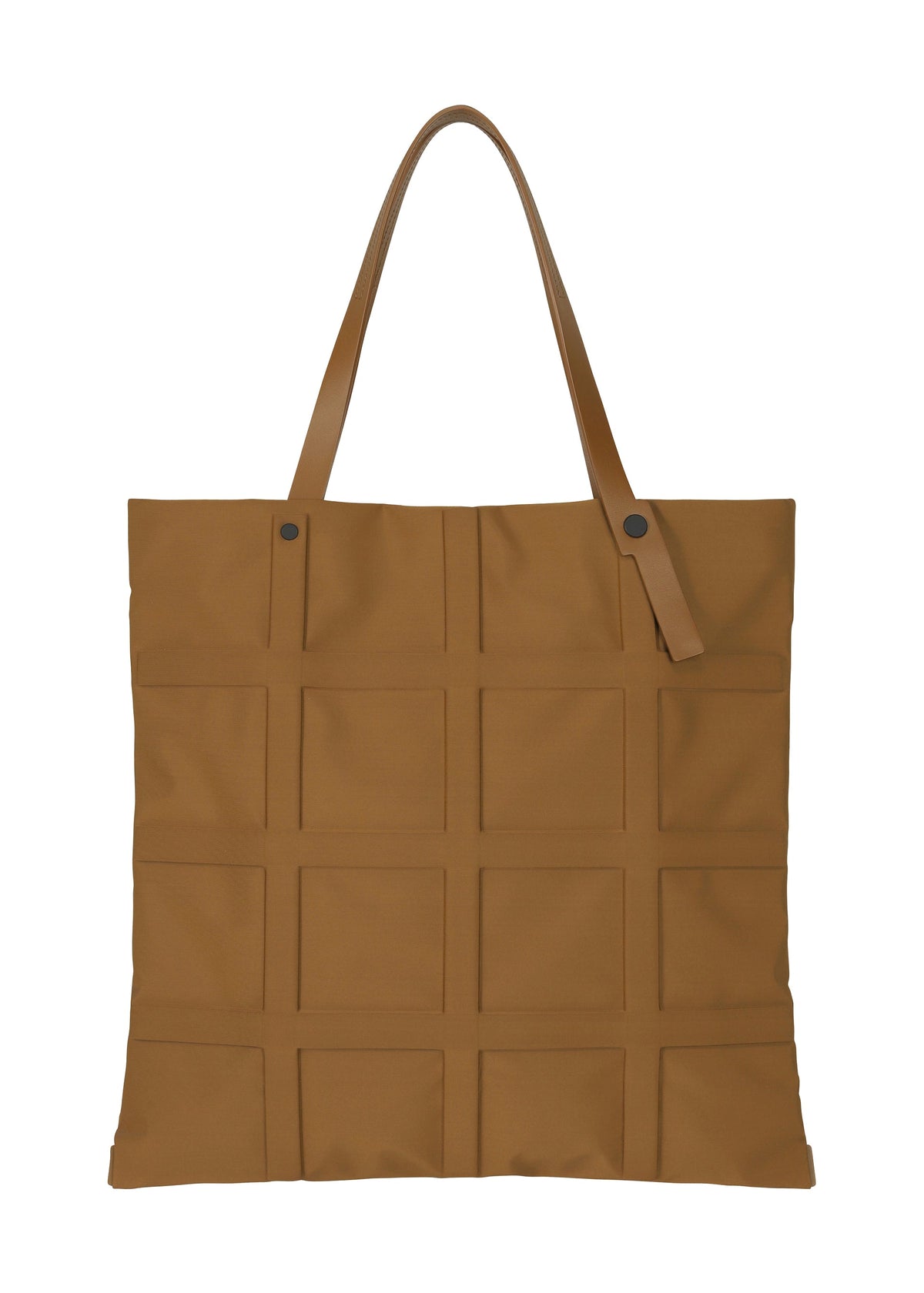 The GRID bag by GOOD GOODS ISSEY MIYAKE features a large, flat square design with a brown grid pattern, two handles, and button accents at the top, showcased on a plain white background. view 2 of 11