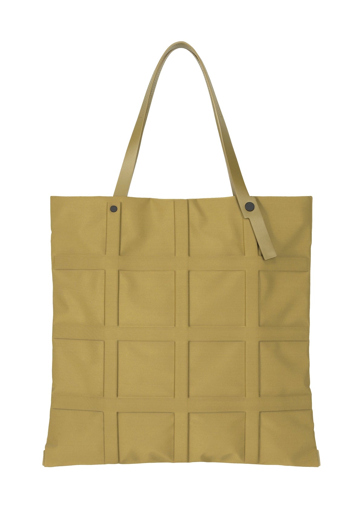 GRID by GOOD GOODS ISSEY MIYAKE is a square, mustard yellow bag featuring a crisp grid pattern, two flat handles, and a small strap with button detail near the top. view 3 of 11