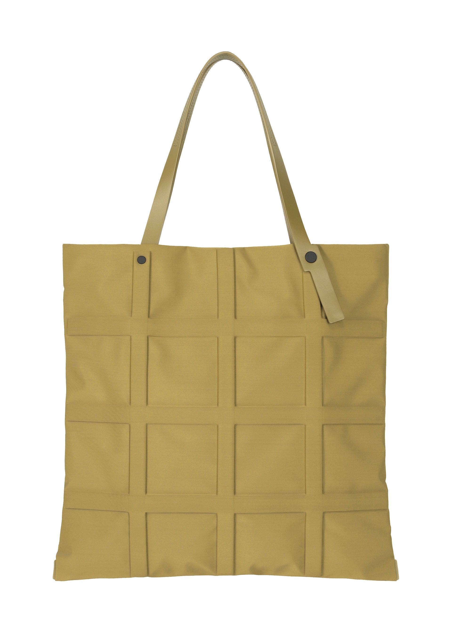 Zoomed view GRID by GOOD GOODS ISSEY MIYAKE is a square, mustard yellow bag featuring a crisp grid pattern, two flat handles, and a small strap with button detail near the top. - DARK YELLOW （no.53）
