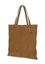 The GRID bag by GOOD GOODS ISSEY MIYAKE features a brown grid structure, two long flat handles with button details at their base, and is shown against a white background.