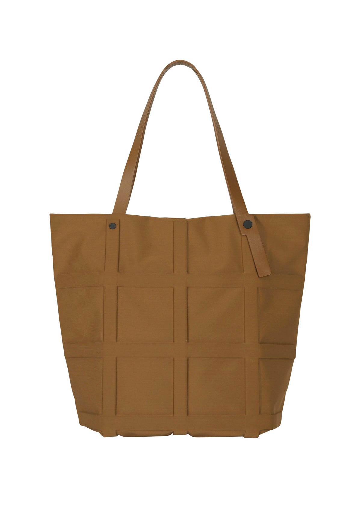 The GRID bag by GOOD GOODS ISSEY MIYAKE is a large, tan shoulder bag featuring two straps and a distinct grid-like exterior pattern, displayed against a plain white background. view 5 of 11