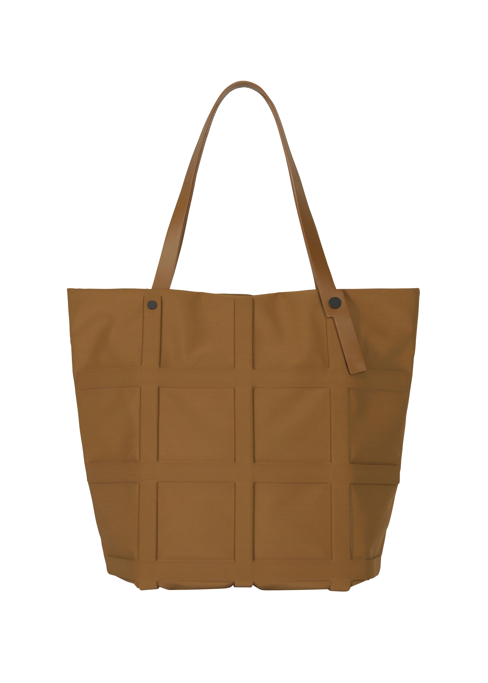 Zoomed view The GRID bag by GOOD GOODS ISSEY MIYAKE is a large, tan shoulder bag featuring two straps and a distinct grid-like exterior pattern, displayed against a plain white background.