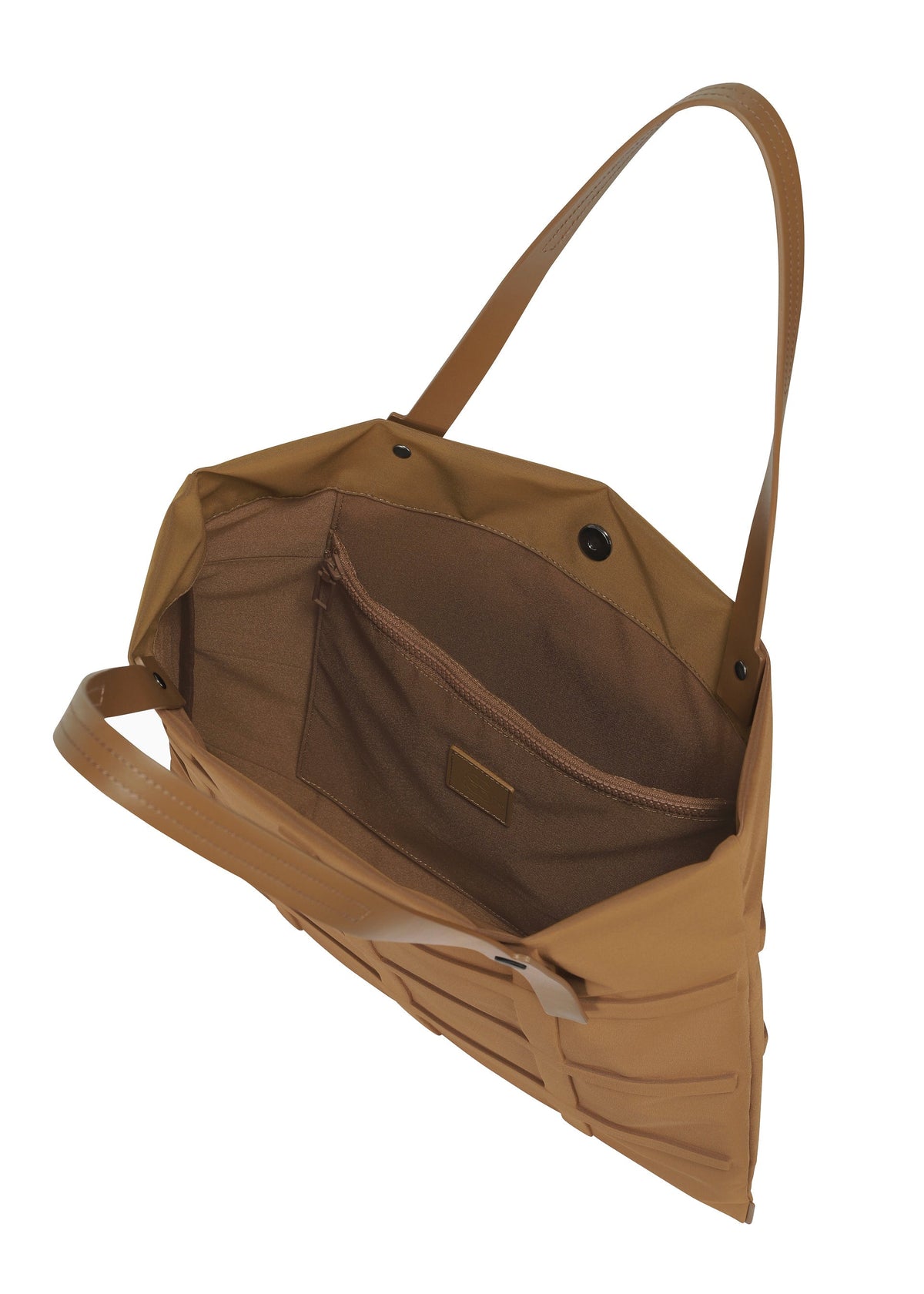 The GRID tote by GOOD GOODS ISSEY MIYAKE features tan woven material, long adjustable shoulder straps, an open top, a brown fabric interior, and an interior zip pocket. view 8 of 11