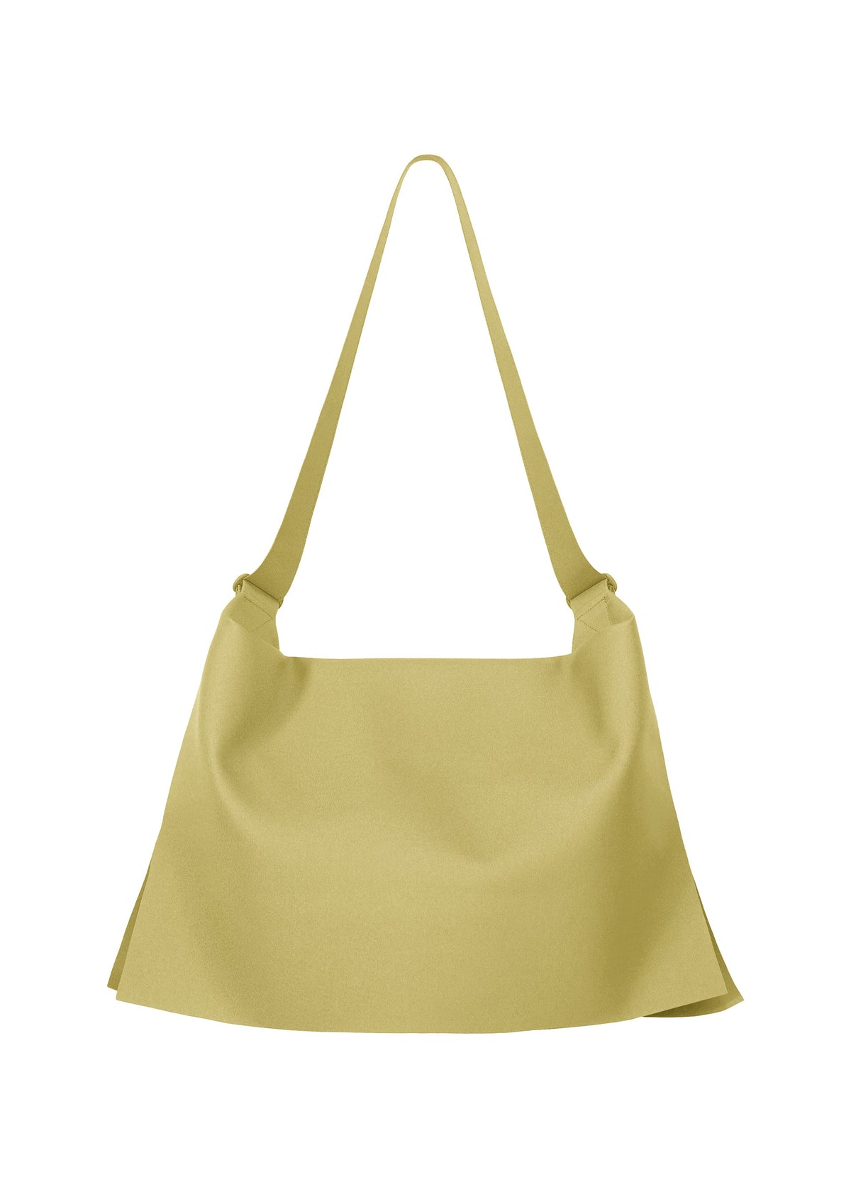 The ROLL by GOOD GOODS ISSEY MIYAKE is a minimalist light yellow shoulder bag with an elegant sheen, wide flat strap, and unstructured rectangular body, shown on a plain white background. view 1 of 7