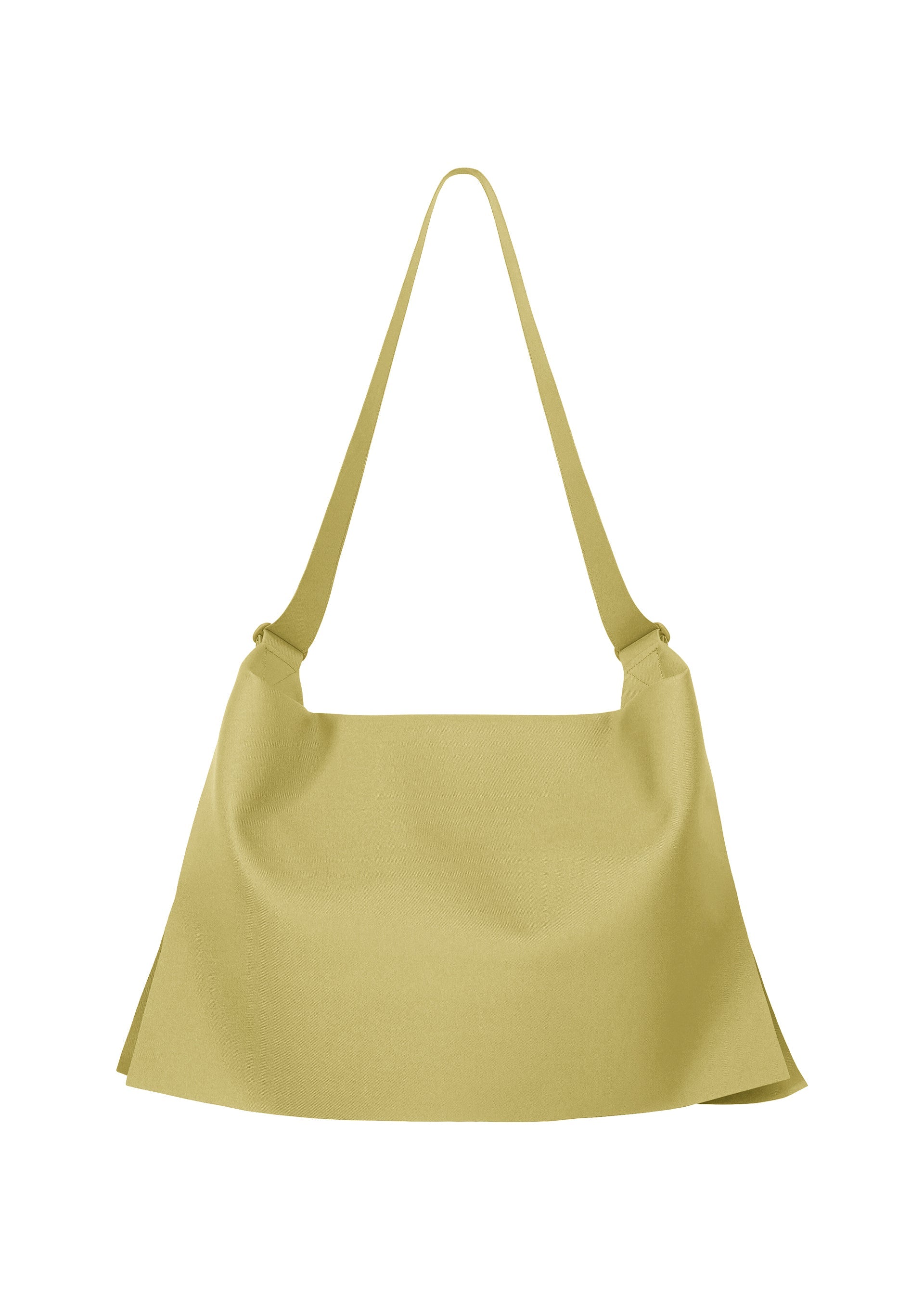 Zoomed view The ROLL by GOOD GOODS ISSEY MIYAKE is a minimalist light yellow shoulder bag with an elegant sheen, wide flat strap, and unstructured rectangular body, shown on a plain white background. - LIGHT KHAKI （no.66）
