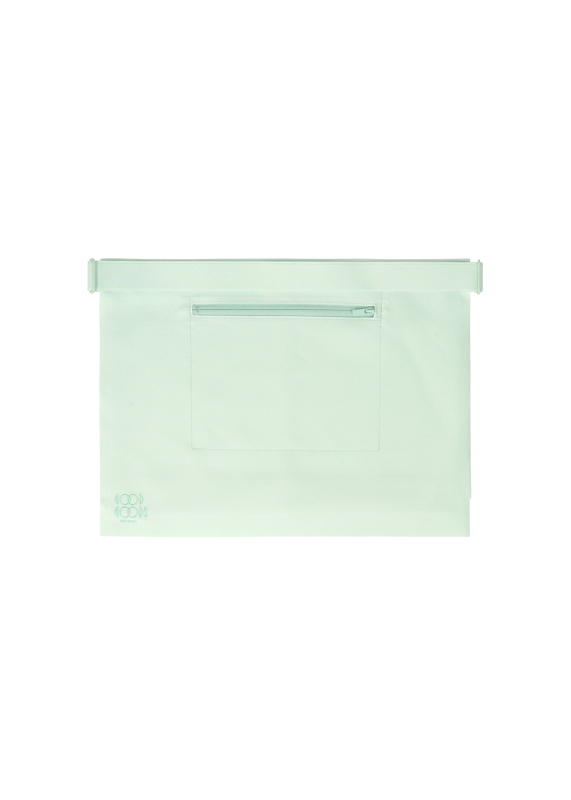 Zoomed view The ROLL by GOOD GOODS ISSEY MIYAKE is a flat, white lightweight bag featuring a front horizontal zipper pocket and a small light green logo in the bottom left corner, shown against a plain white background.