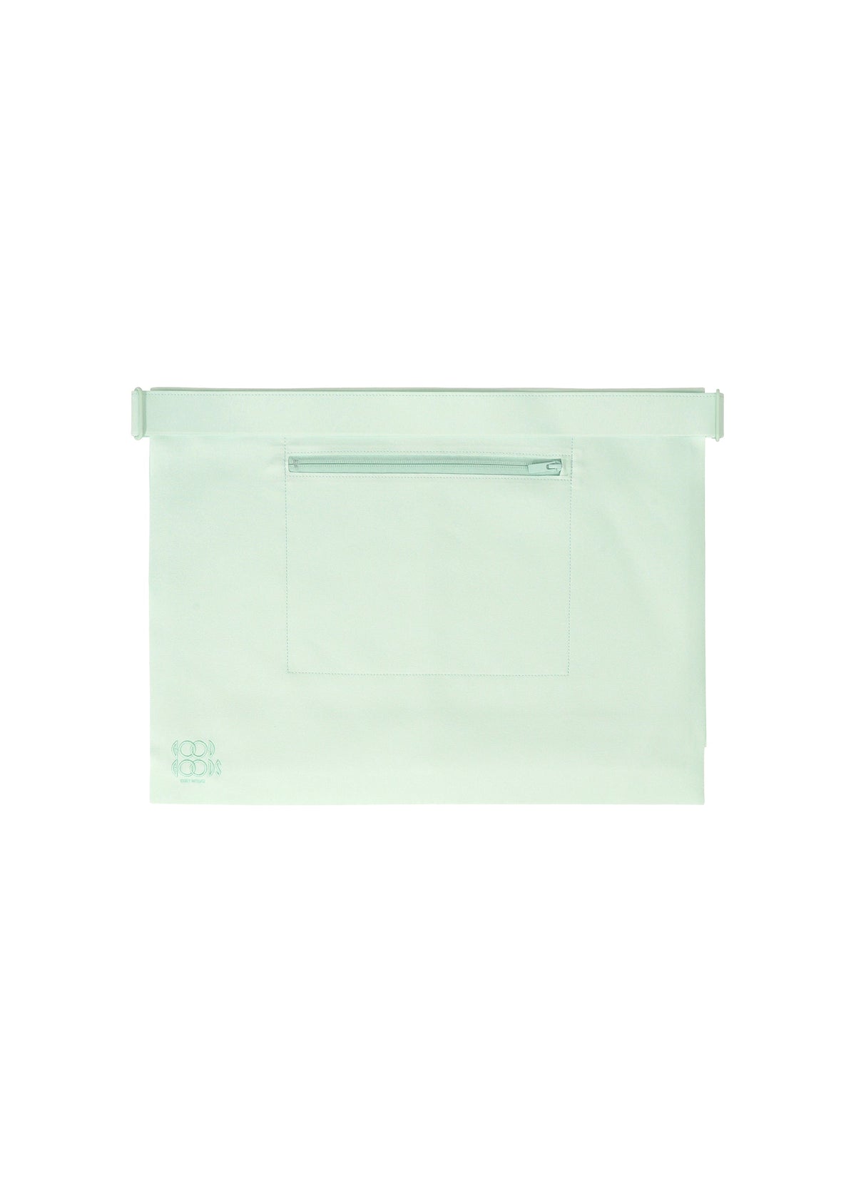 The ROLL by GOOD GOODS ISSEY MIYAKE is a large, flat white lightweight bag featuring a front horizontal zipper pocket and a subtle light green logo in the bottom left corner, shown against a plain white background. view 2 of 6
