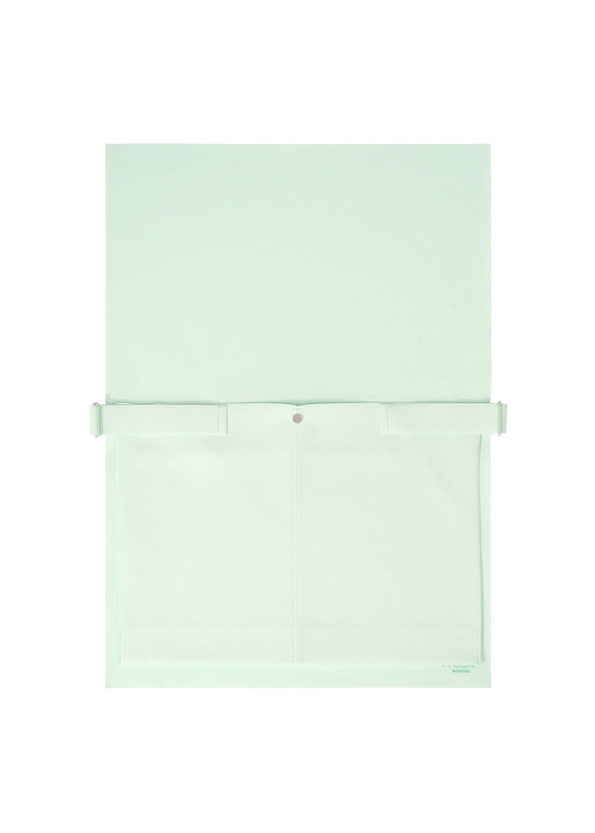 The ROLL by GOOD GOODS ISSEY MIYAKE is a minimalist light green and white wall-mounted organizer with a large front pocket, flap cover, central snap button closure, and an elegant sheen. view 3 of 7