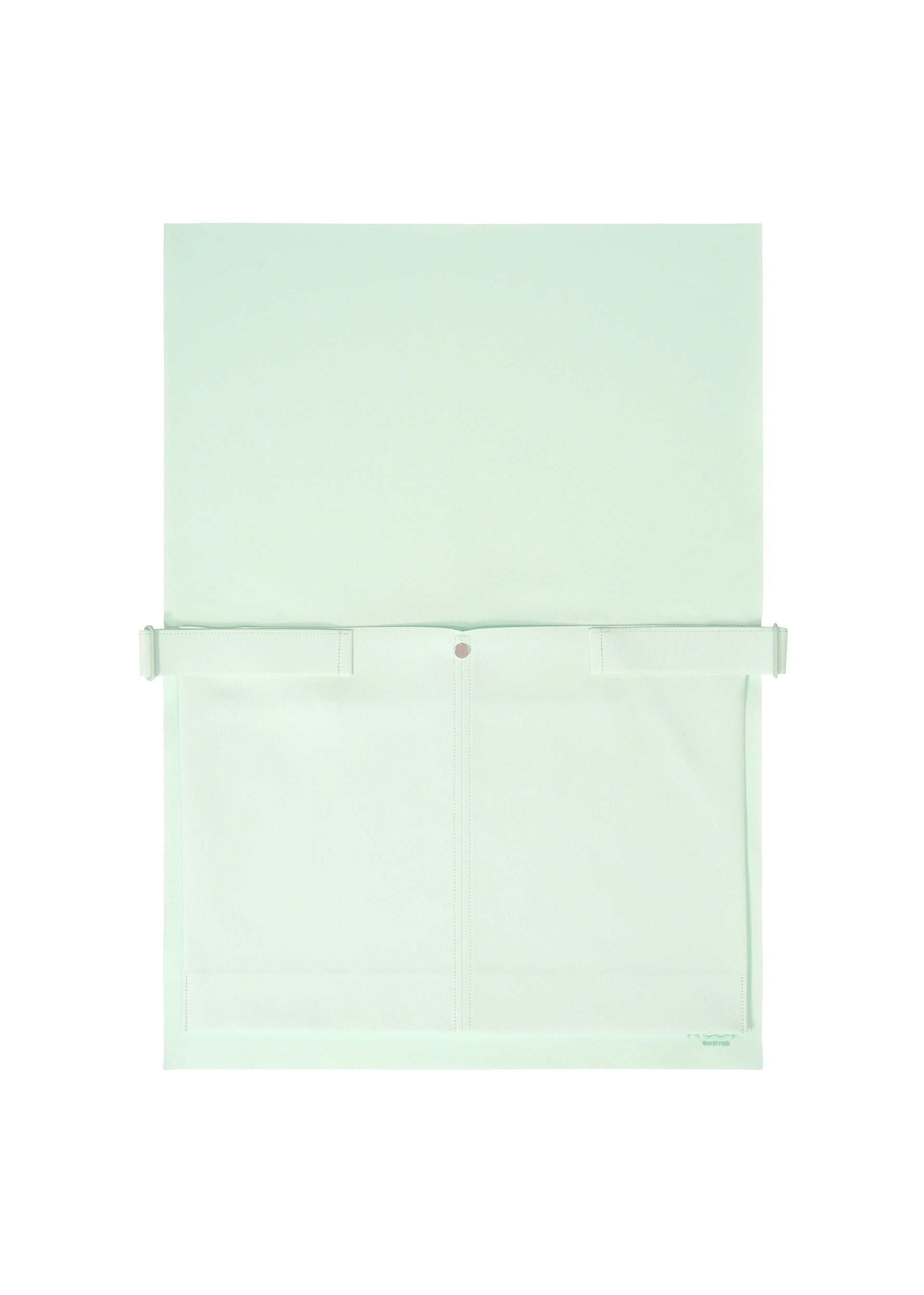 Zoomed view The ROLL by GOOD GOODS ISSEY MIYAKE is a minimalist light green and white wall-mounted organizer with a large front pocket, flap cover, central snap button closure, and an elegant sheen.