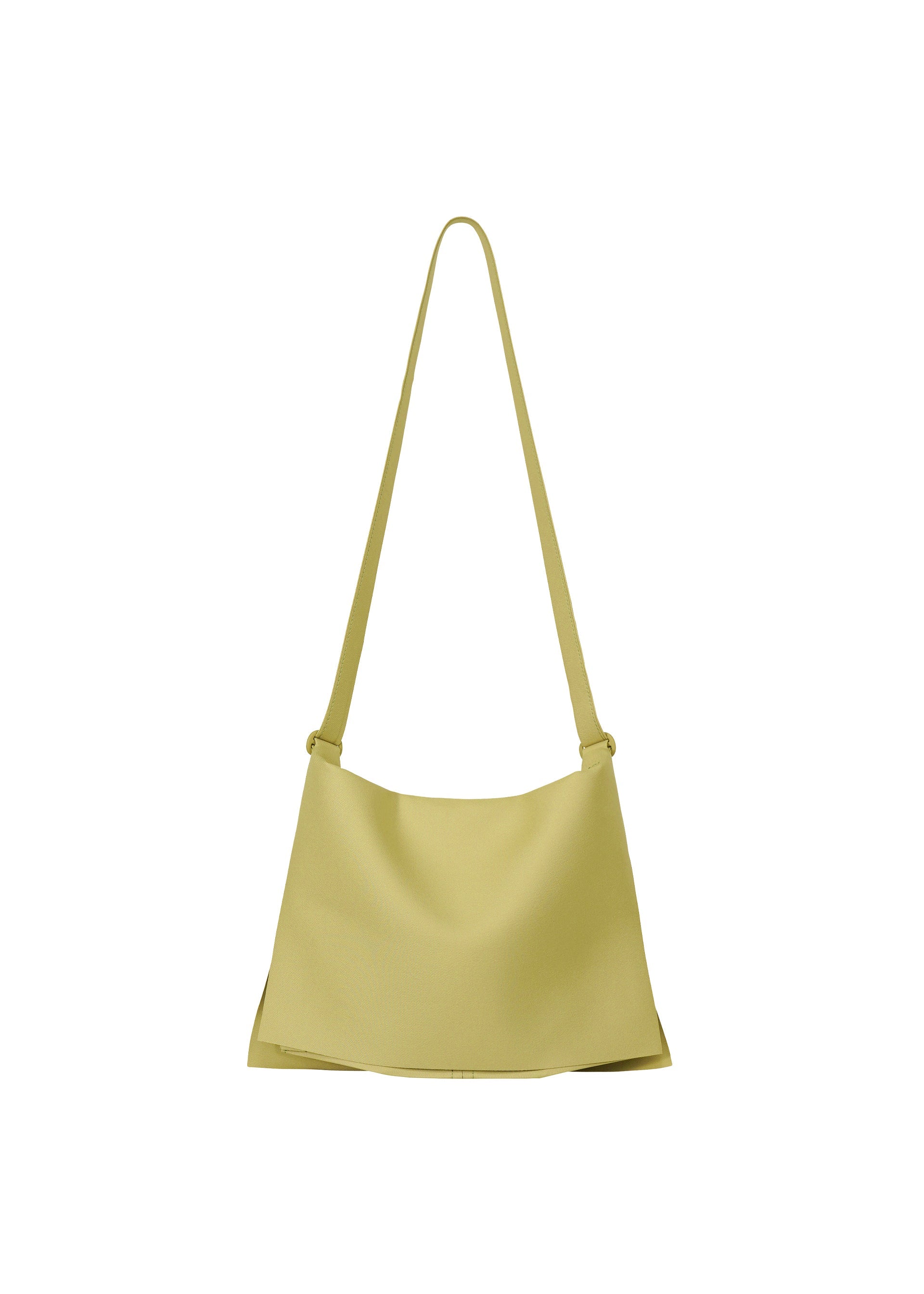 Zoomed view The ROLL by GOOD GOODS ISSEY MIYAKE is a minimalist light yellow shoulder bag with a long strap, featuring a simple, unadorned design. Lightweight and elegant, it's shown on a white background. - LIGHT KHAKI (no.66)
