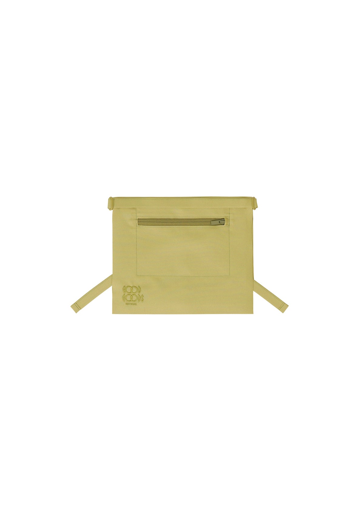 The ROLL by GOOD GOODS ISSEY MIYAKE is a rectangular light yellow shoulder bag with a ciré finish, front zippered pocket, two side straps, and an embossed flower graphic in the lower left corner, shown on a white background. view 2 of 7