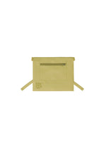 The ROLL by GOOD GOODS ISSEY MIYAKE is a rectangular light yellow shoulder bag with a ciré finish, front zippered pocket, two side straps, and an embossed flower graphic in the lower left corner, shown on a white background.