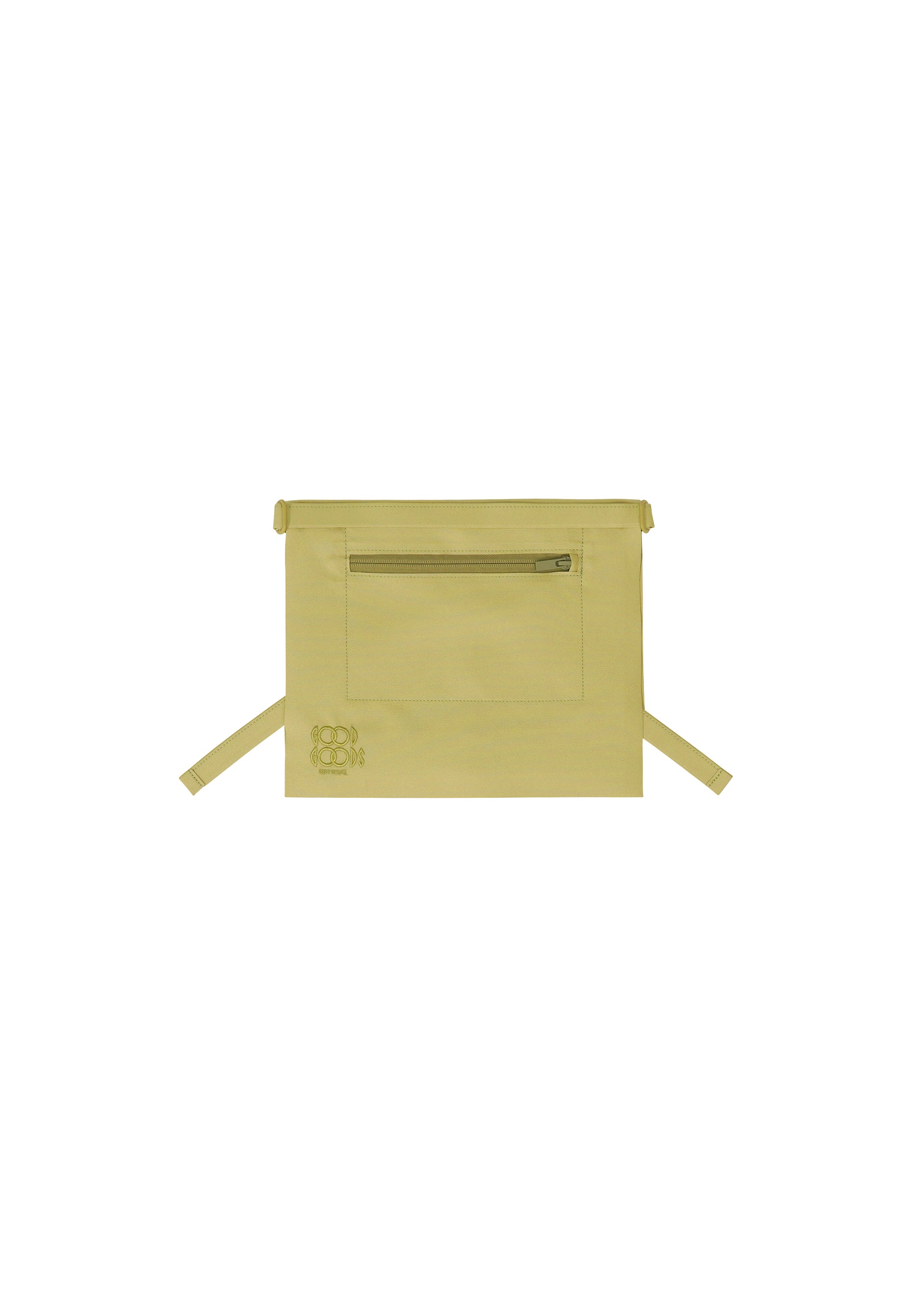 Zoomed view The ROLL by GOOD GOODS ISSEY MIYAKE is a rectangular light yellow shoulder bag with a ciré finish, front zippered pocket, two side straps, and an embossed flower graphic in the lower left corner, shown on a white background.