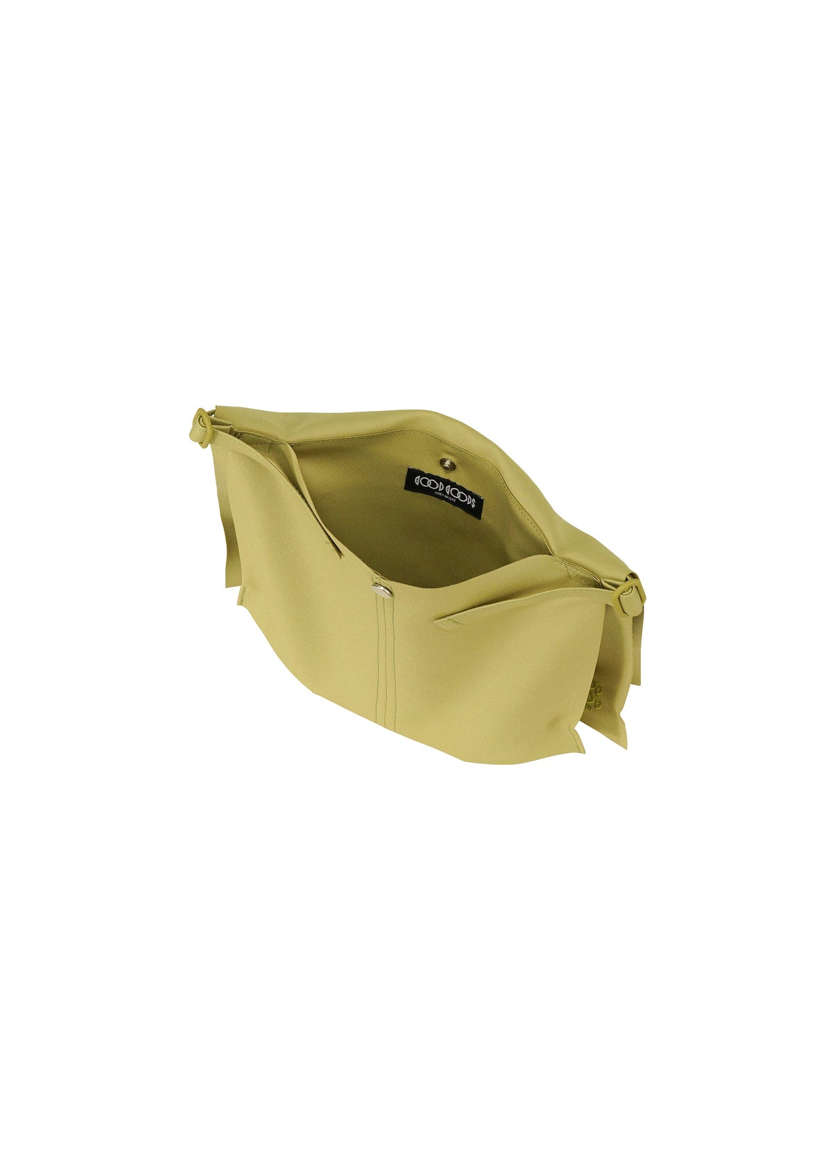 The ROLL by GOOD GOODS ISSEY MIYAKE is a light yellow shoulder bag with a wide zippered opening, fabric-lined interior, visible label, and two side knots at the top. Lightweight and stylish for daily use. view 4 of 7