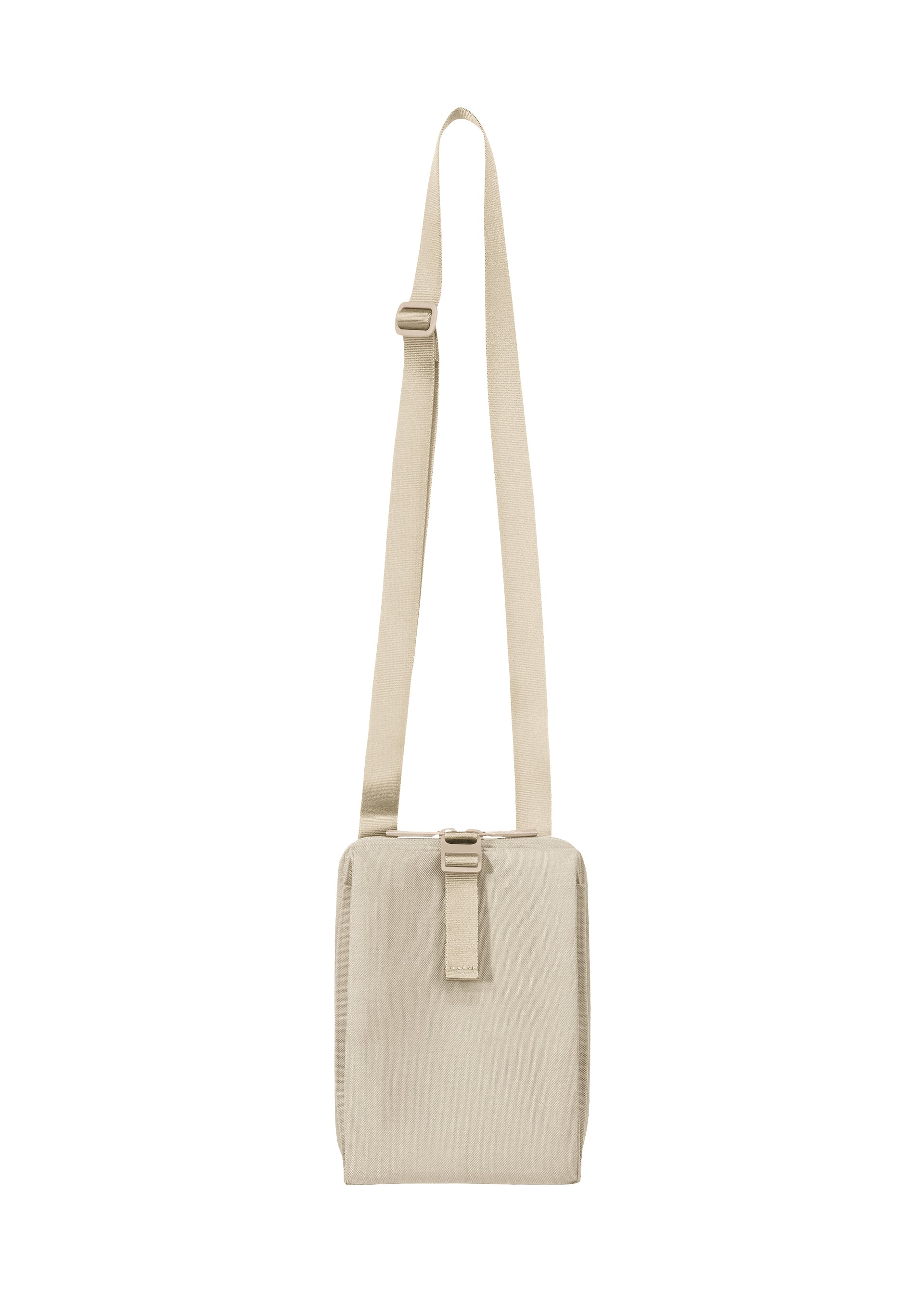 Zoomed view The JABARA shoulder bag by GOOD GOODS ISSEY MIYAKE is a beige canvas rectangular bag with accordion pleats, an adjustable strap, front loop detail, and a minimalist design, shown against a white background. - LIGHT GRAY （no.11）