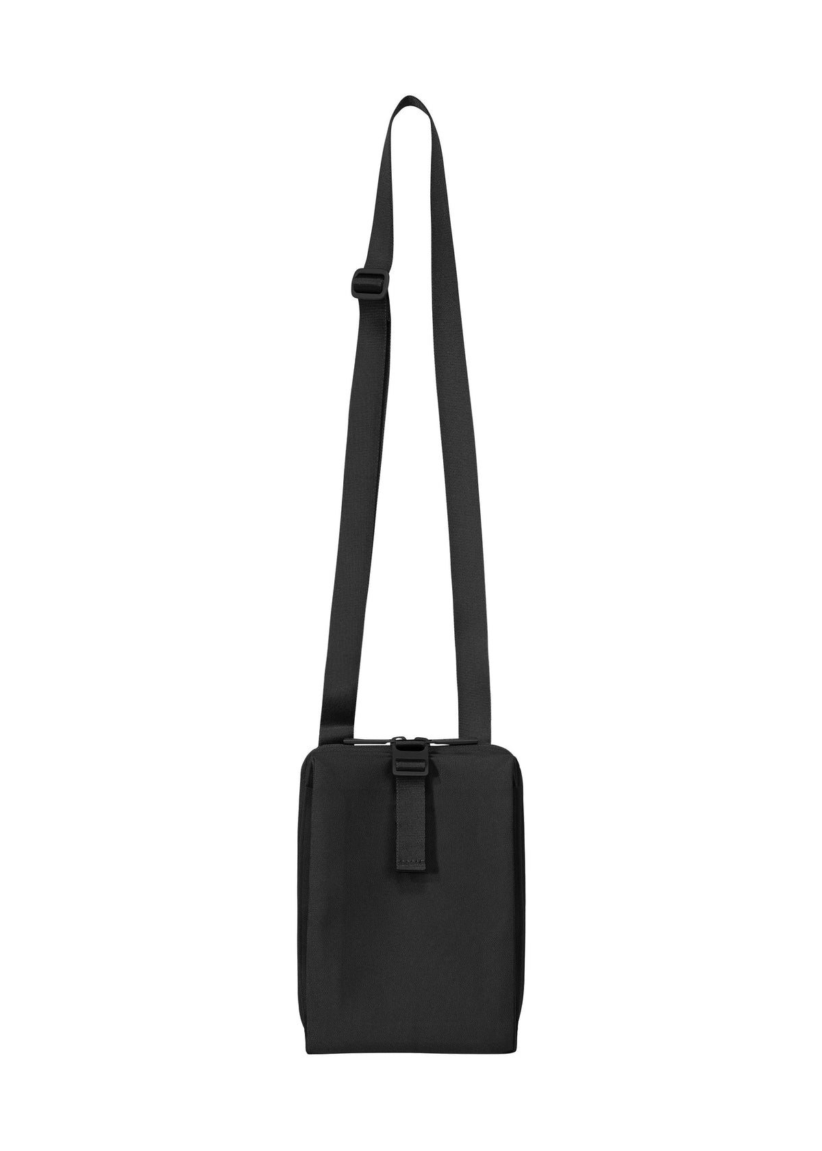 The JABARA by GOOD GOODS ISSEY MIYAKE is a small, square black expandable bag with an adjustable strap and front buckle, shown against a plain white background. view 2 of 9