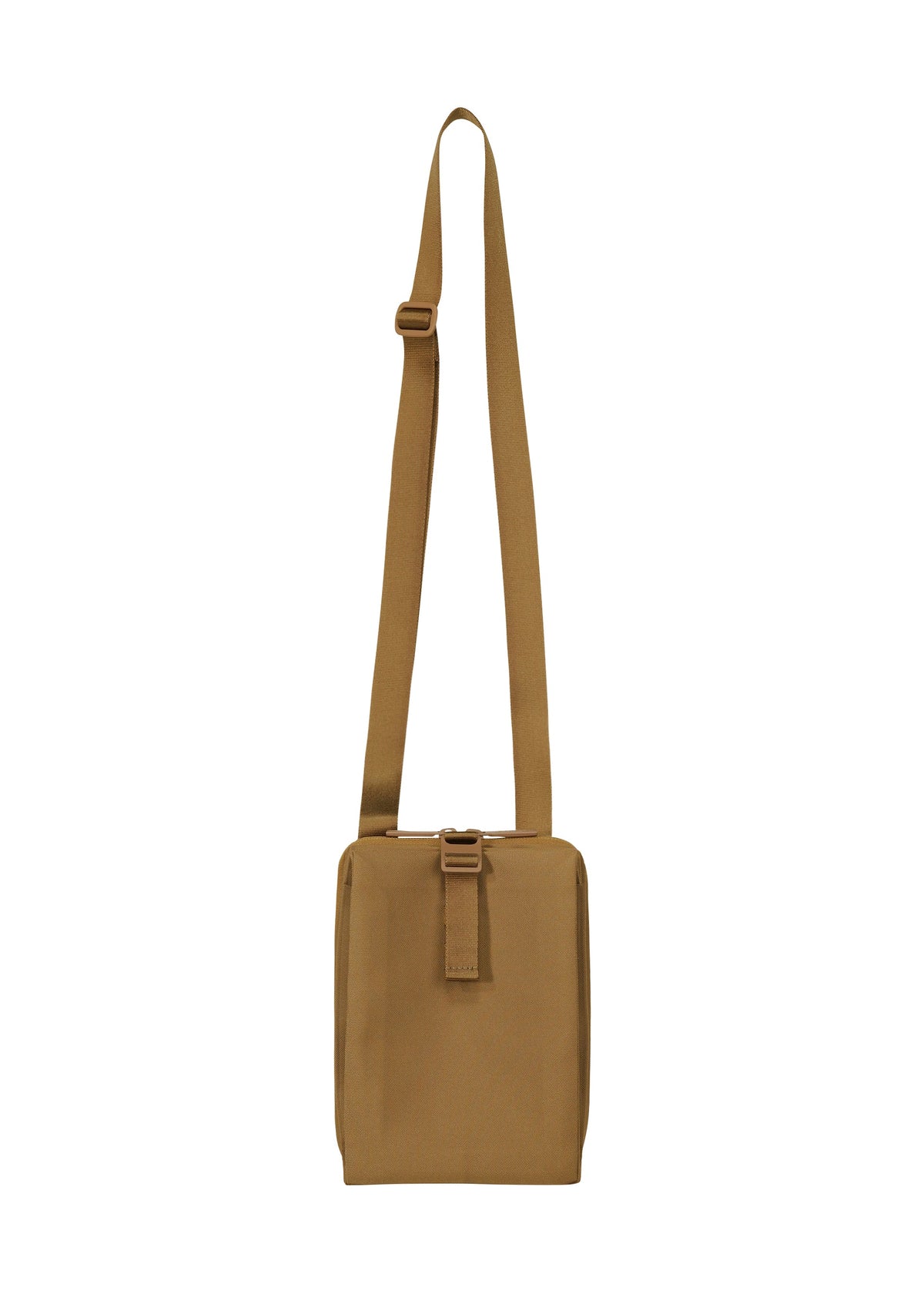 The JABARA by GOOD GOODS ISSEY MIYAKE is a small, square tan accordion pleat shoulder bag with an adjustable strap and front buckle detail, shown against a plain white background. view 3 of 9