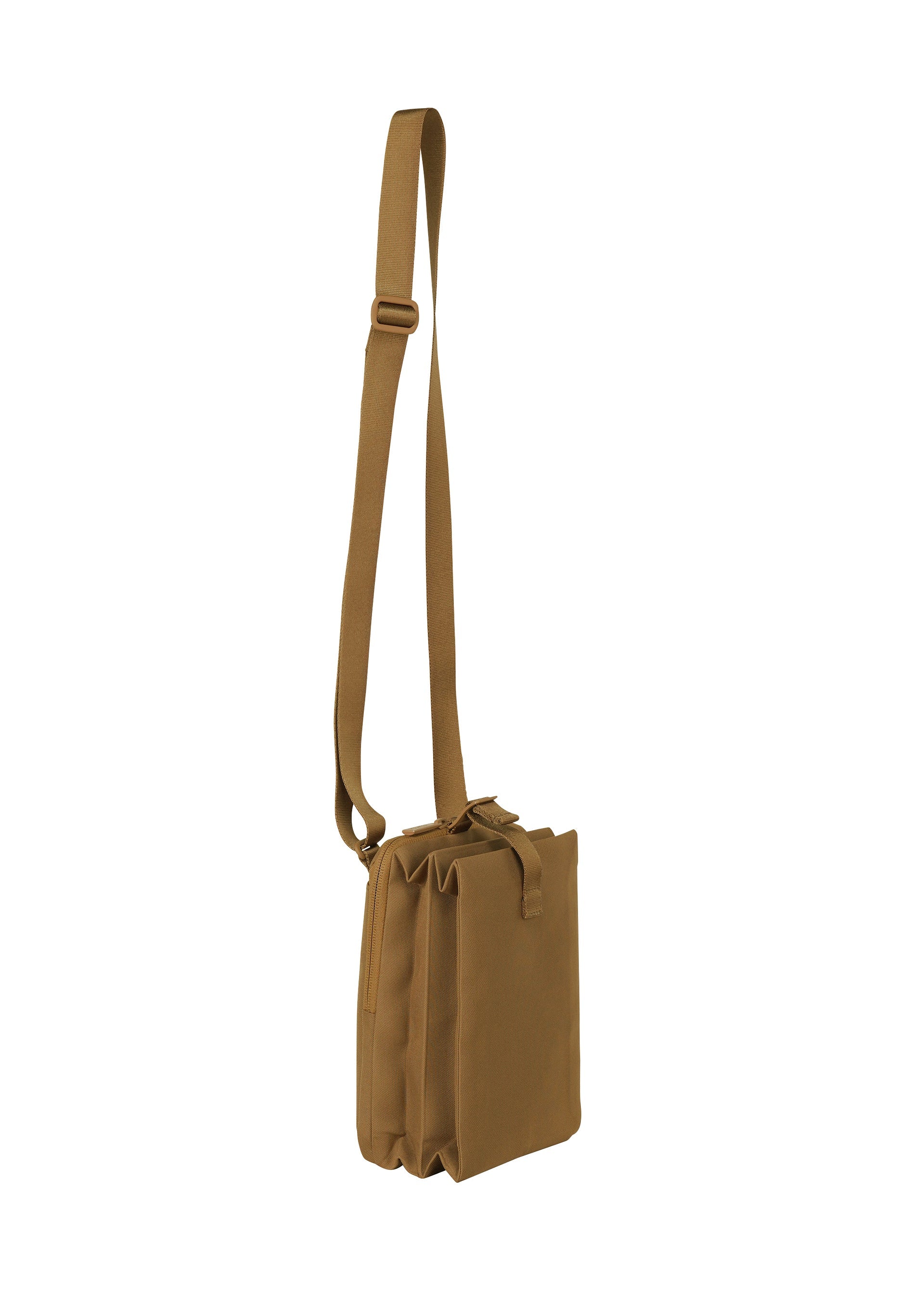 Zoomed view The JABARA crossbody bag by GOOD GOODS ISSEY MIYAKE is a brown canvas bag with an adjustable shoulder strap, two main compartments, and a pleated gusset design, shown standing upright against a white background.