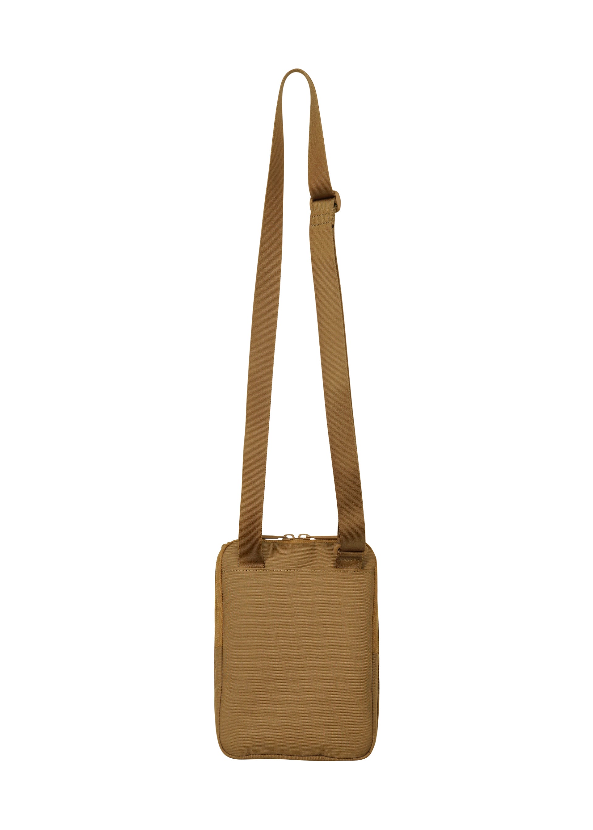 Zoomed view The JABARA by GOOD GOODS ISSEY MIYAKE is a tan, square-shaped pleated gusset bag with a wide adjustable strap, shown upright on a plain white background.