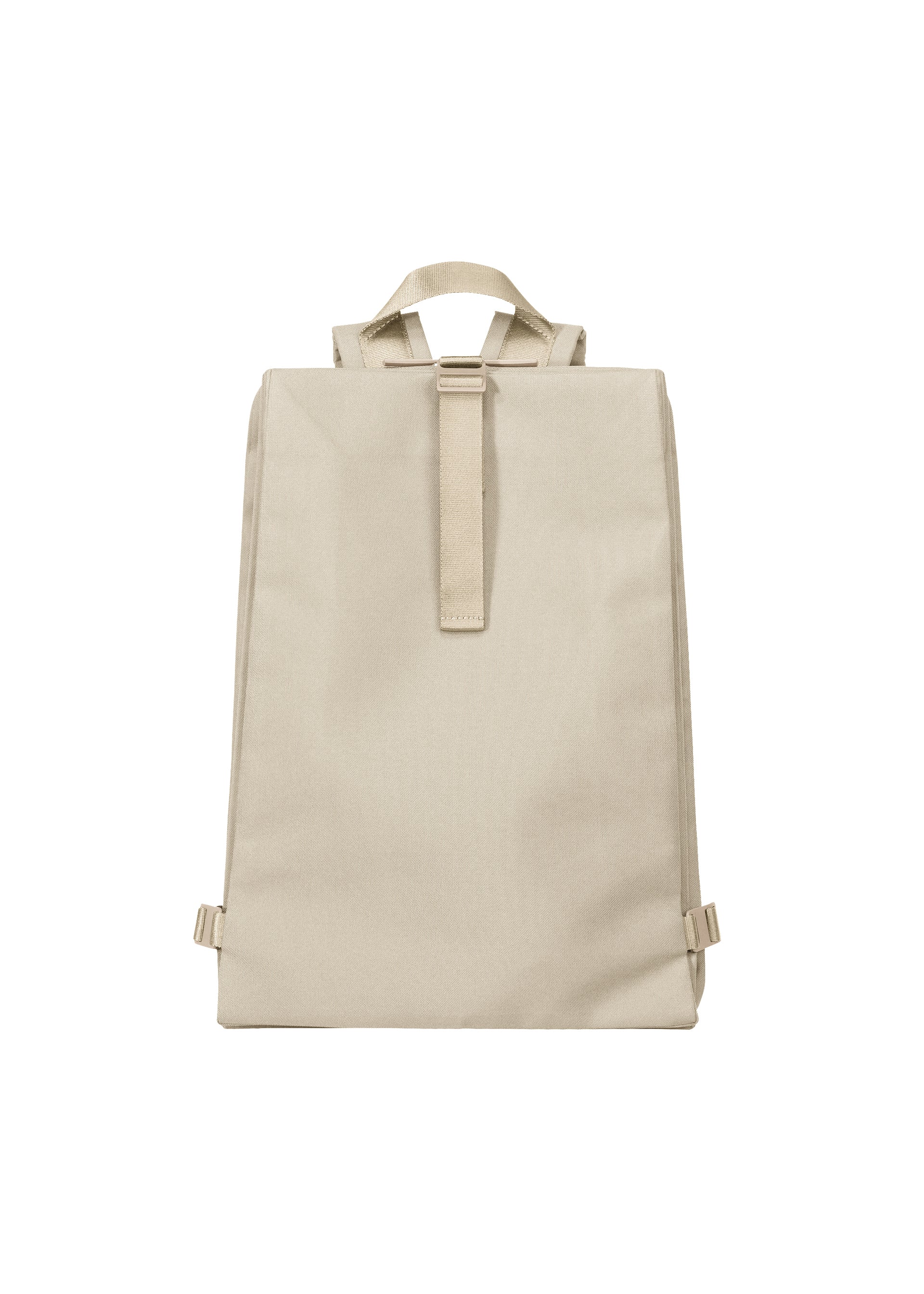 Zoomed view The JABARA backpack by GOOD GOODS ISSEY MIYAKE features a beige rectangular accordion pleat design with a top handle and adjustable shoulder straps, shown on a plain white background.