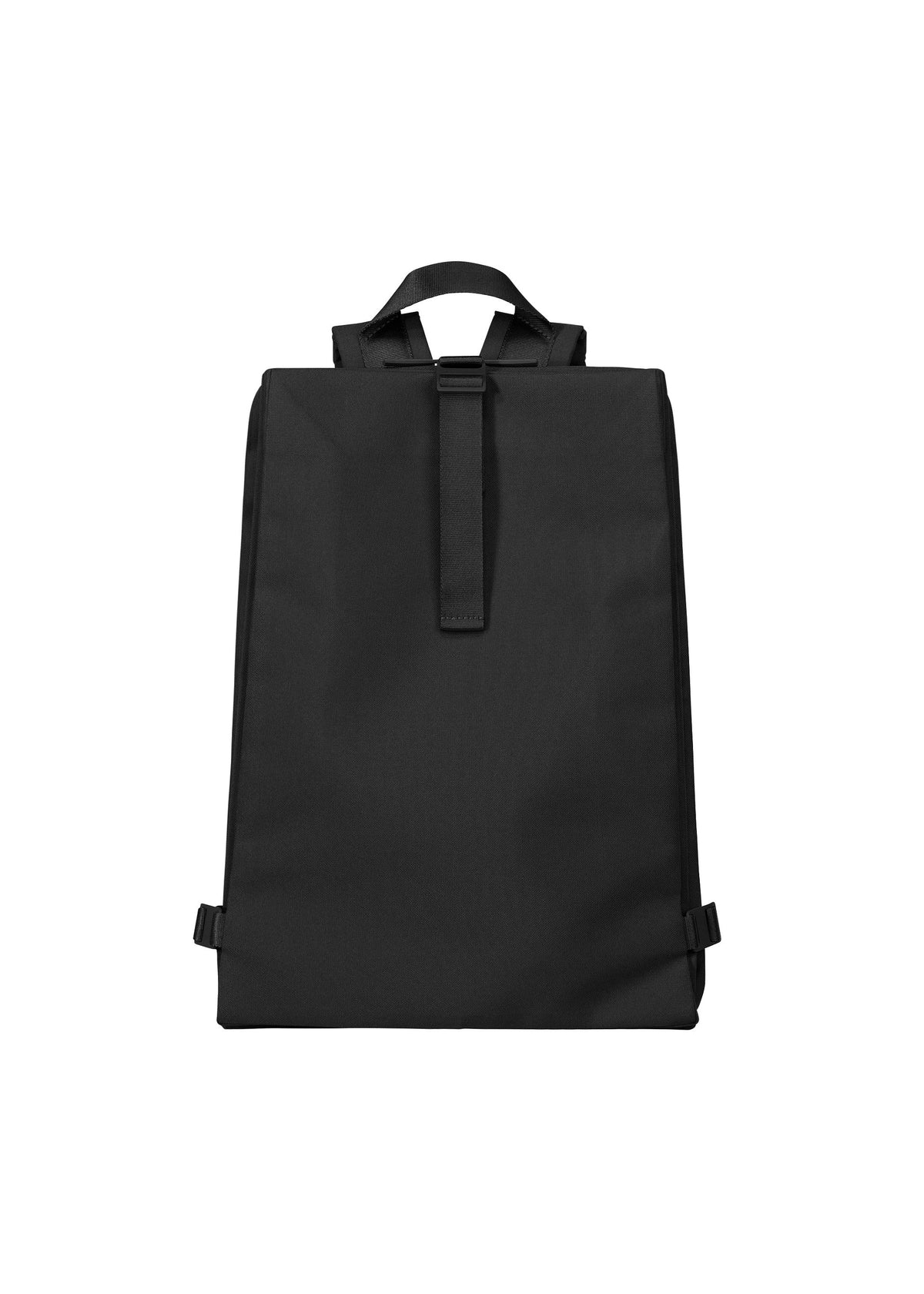 The JABARA backpack by GOOD GOODS ISSEY MIYAKE is a minimalist black, rectangular bag with accordion pleats, a top handle, and simple shoulder straps. Its understated design has no visible logos or pockets, shown on a plain white background. view 2 of 11