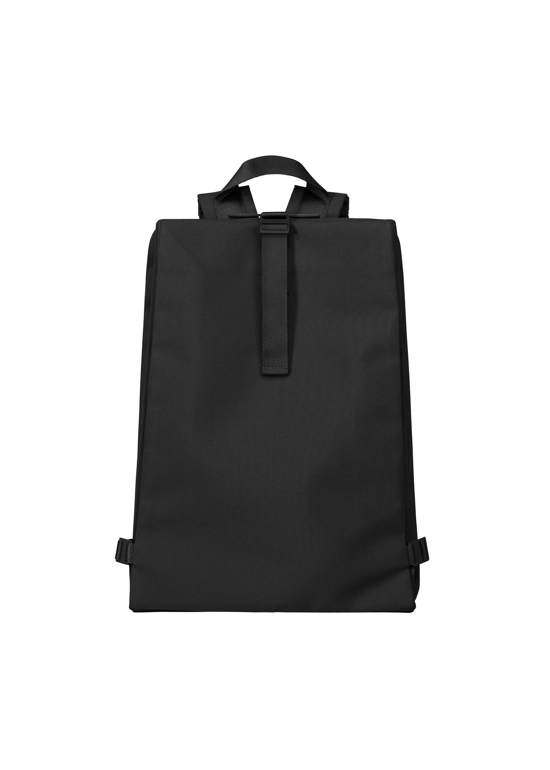 Zoomed view The JABARA backpack by GOOD GOODS ISSEY MIYAKE is a minimalist black, rectangular bag with accordion pleats, a top handle, and simple shoulder straps. Its understated design has no visible logos or pockets, shown on a plain white background. - BLACK （no.15）