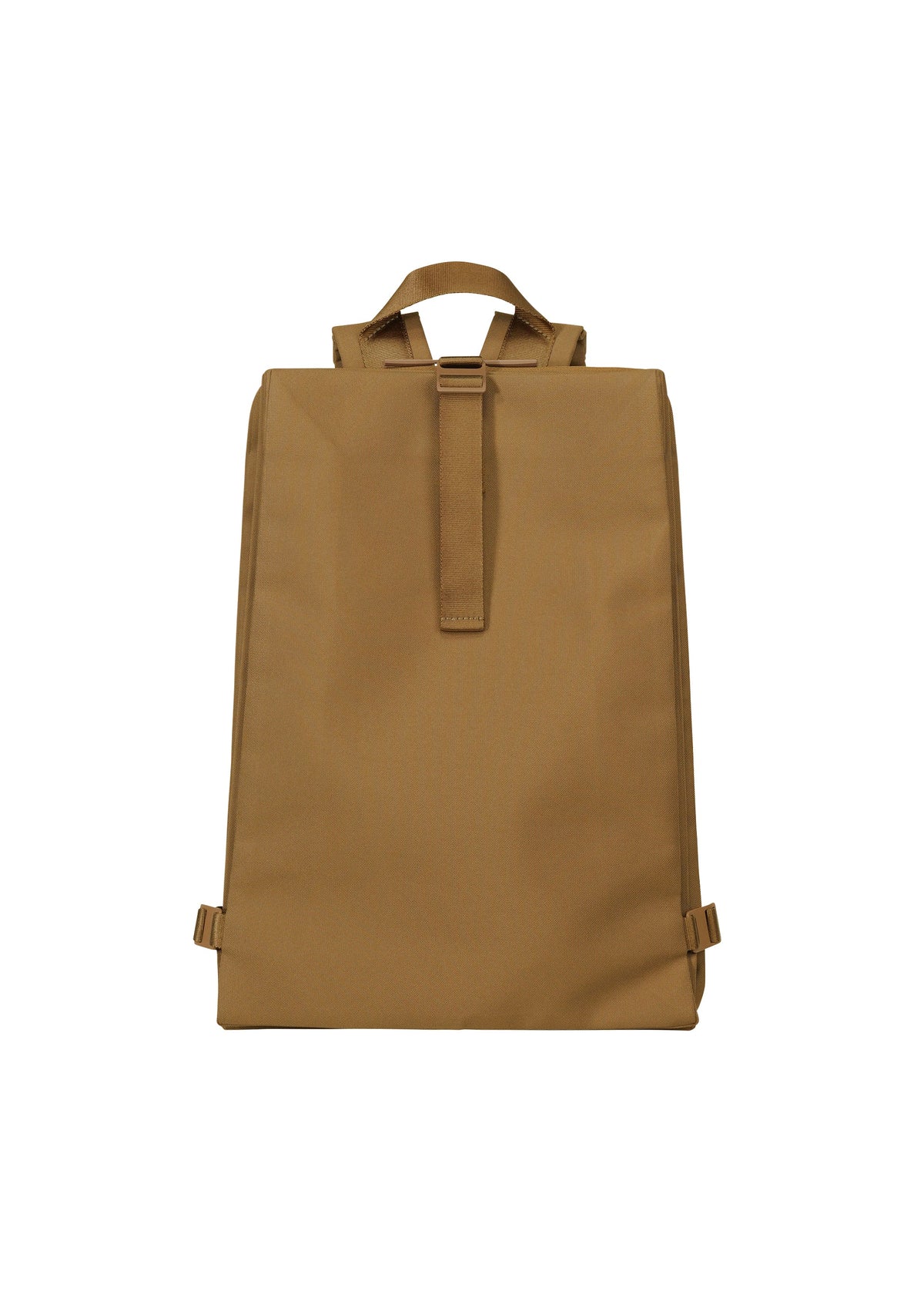The JABARA by GOOD GOODS ISSEY MIYAKE is a tan, rectangular expandable backpack with a minimalist design, two adjustable shoulder straps, a top handle, and a laptop sleeve, displayed against a plain white background. view 3 of 11
