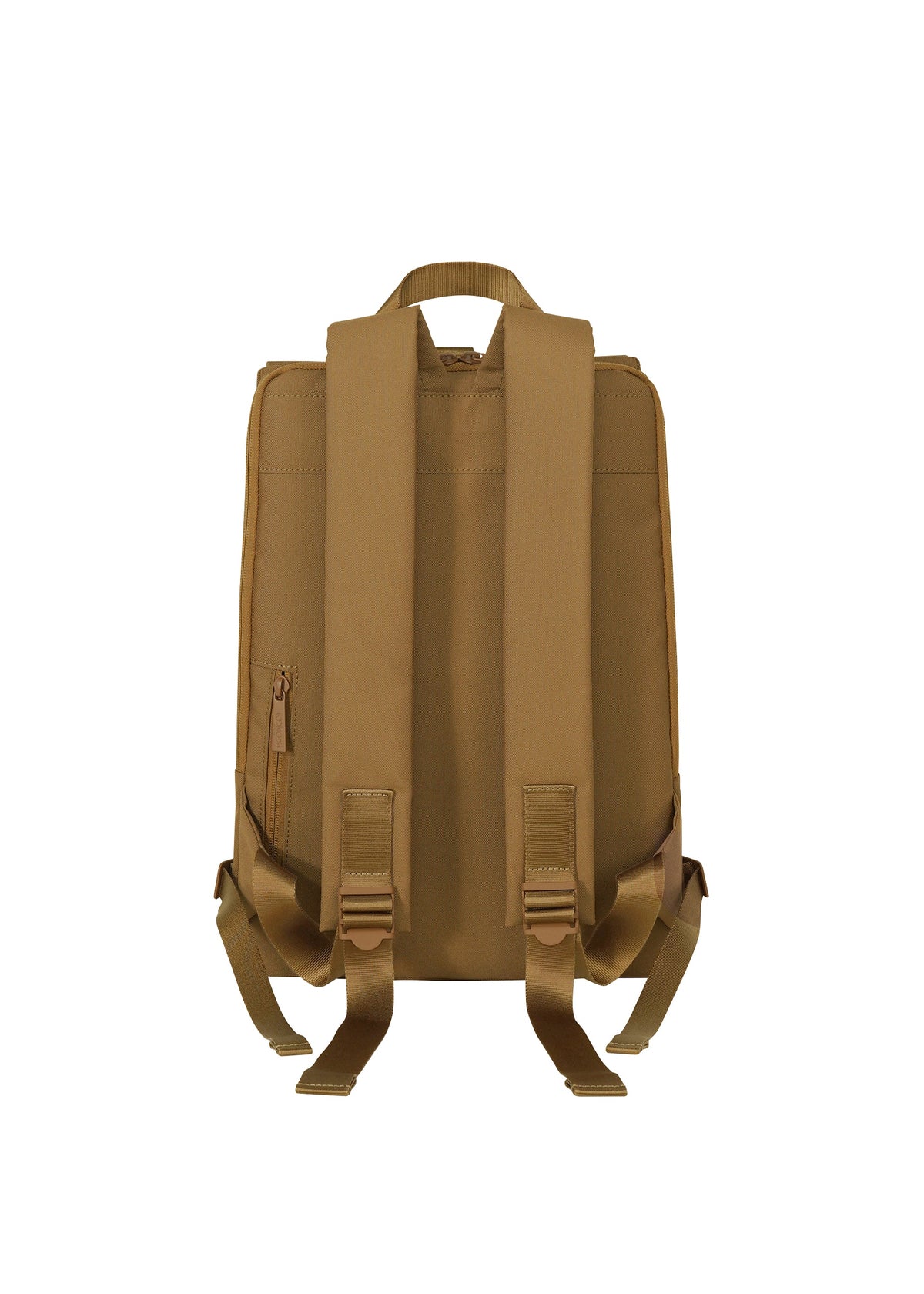 The JABARA backpack by GOOD GOODS ISSEY MIYAKE is tan, expandable, and shown from the back with two adjustable shoulder straps, a top handle, a zippered side pocket, all set against a plain white background. view 5 of 11
