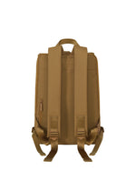 The JABARA backpack by GOOD GOODS ISSEY MIYAKE is tan, expandable, and shown from the back with two adjustable shoulder straps, a top handle, a zippered side pocket, all set against a plain white background.