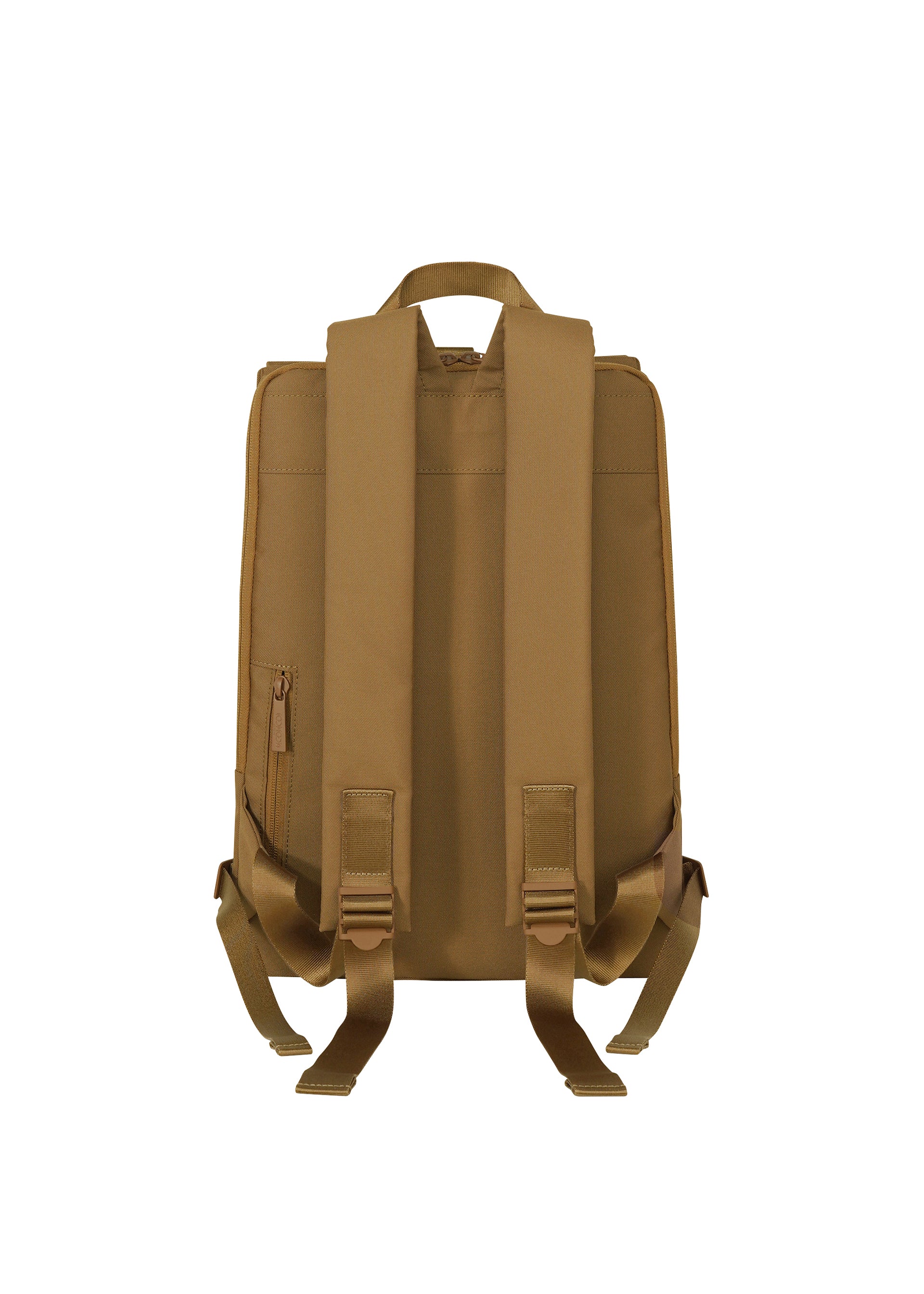 Zoomed view The JABARA backpack by GOOD GOODS ISSEY MIYAKE is tan, expandable, and shown from the back with two adjustable shoulder straps, a top handle, a zippered side pocket, all set against a plain white background.