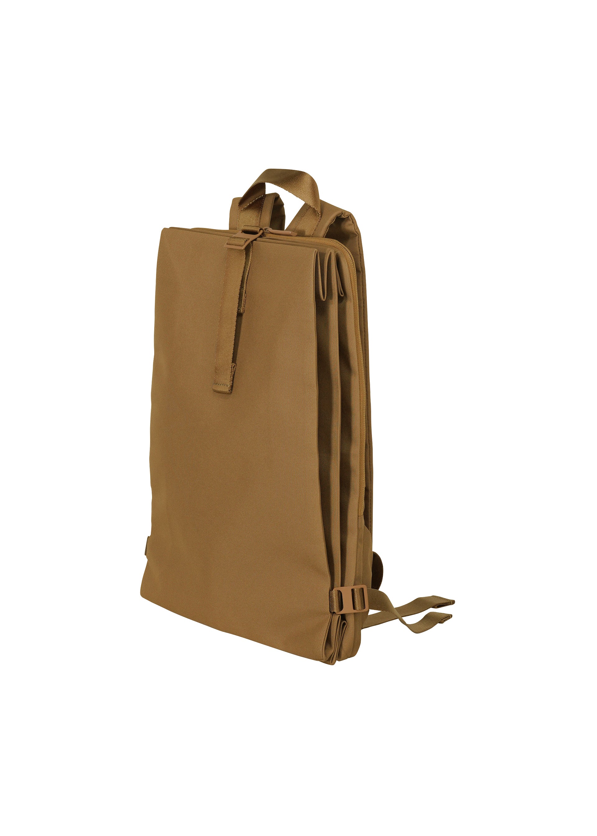 Zoomed view The JABARA by GOOD GOODS ISSEY MIYAKE is a brown rectangular accordion pleat backpack with a top handle, adjustable shoulder straps, side buckles, and an organized laptop sleeve, shown against a plain white background.