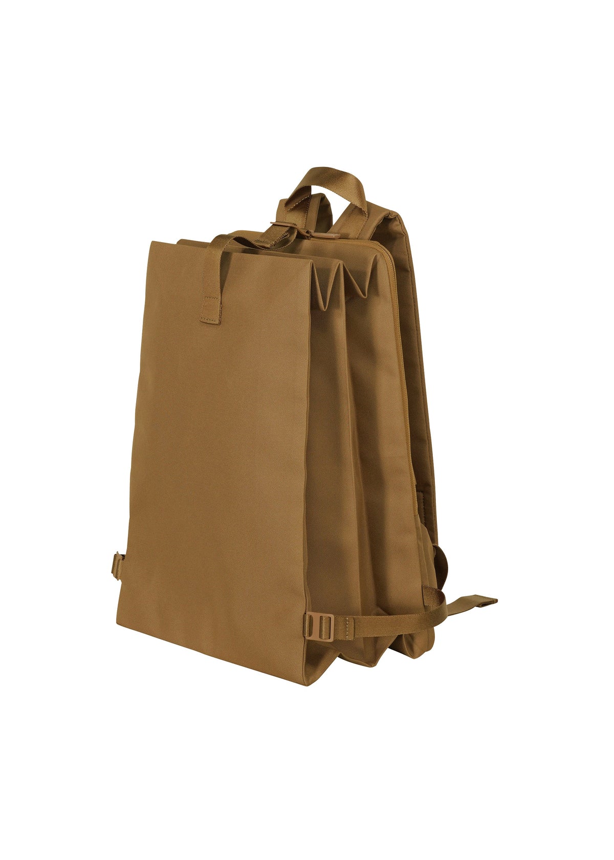 The JABARA backpack by GOOD GOODS ISSEY MIYAKE is a brown, rectangular expandable bag with two main compartments, a laptop sleeve, adjustable shoulder straps, and a top handle, shown against a white background. view 9 of 11