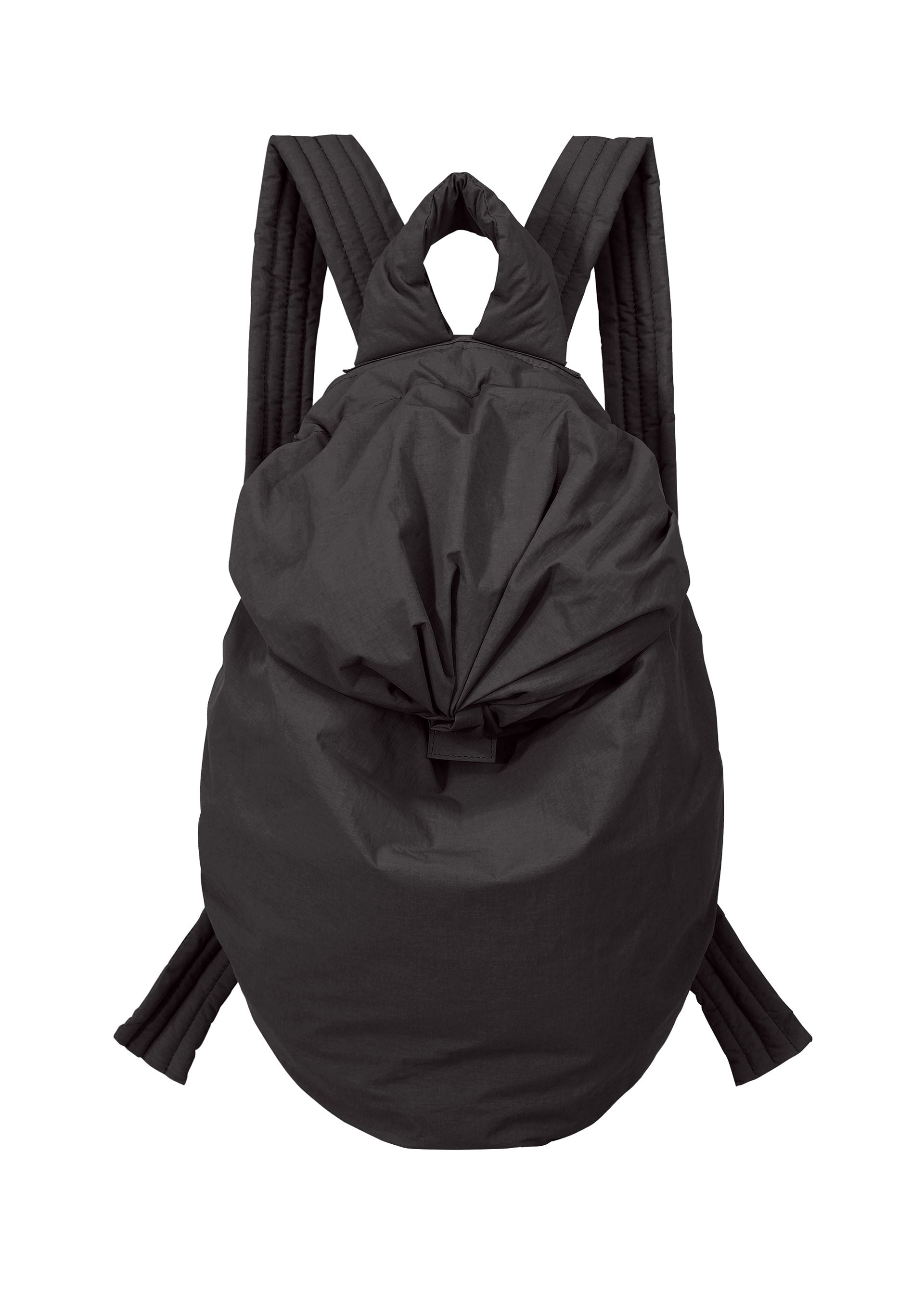Zoomed view The FUWA FUWA backpack by GOOD GOODS ISSEY MIYAKE—a black, softly constructed bag with padded shoulder straps, a rounded silhouette, and a top flap closure inspired by traditional Japanese workwear—is displayed against a white background.