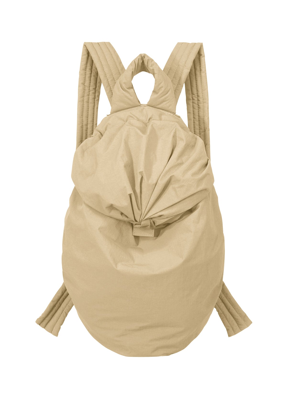 The FUWA FUWA backpack by GOOD GOODS ISSEY MIYAKE is a beige soft-fabric bag inspired by traditional Japanese work clothing, showcasing a rounded silhouette with a gathered drawstring closure at the top and padded shoulder straps. Designed with zero-waste principles in mind, it is photographed against a white background. view 2 of 8
