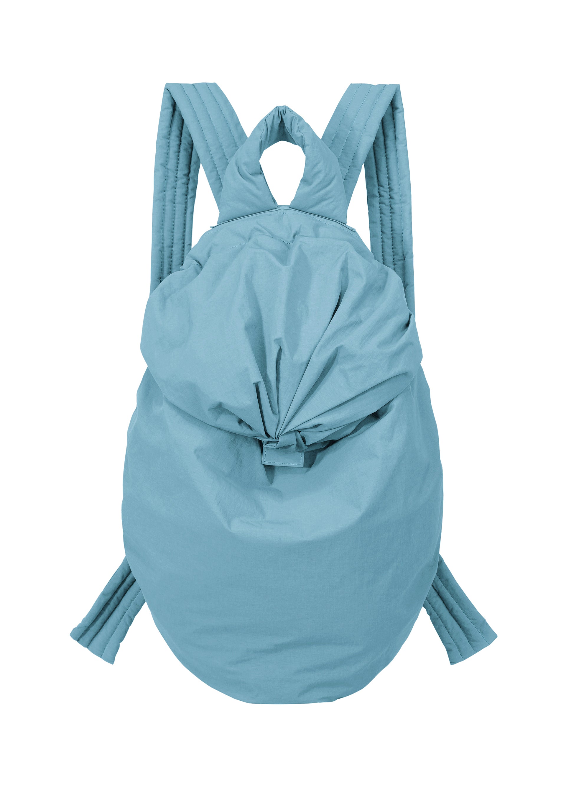 Zoomed view The FUWA FUWA backpack by GOOD GOODS ISSEY MIYAKE is crafted in a light blue, soft material with a slightly wrinkled texture reminiscent of traditional Japanese workwear. Featuring quilted, padded straps and a gathered, knotted top closure, its design is simple and modern. - LIGHT BLUE （no.71）