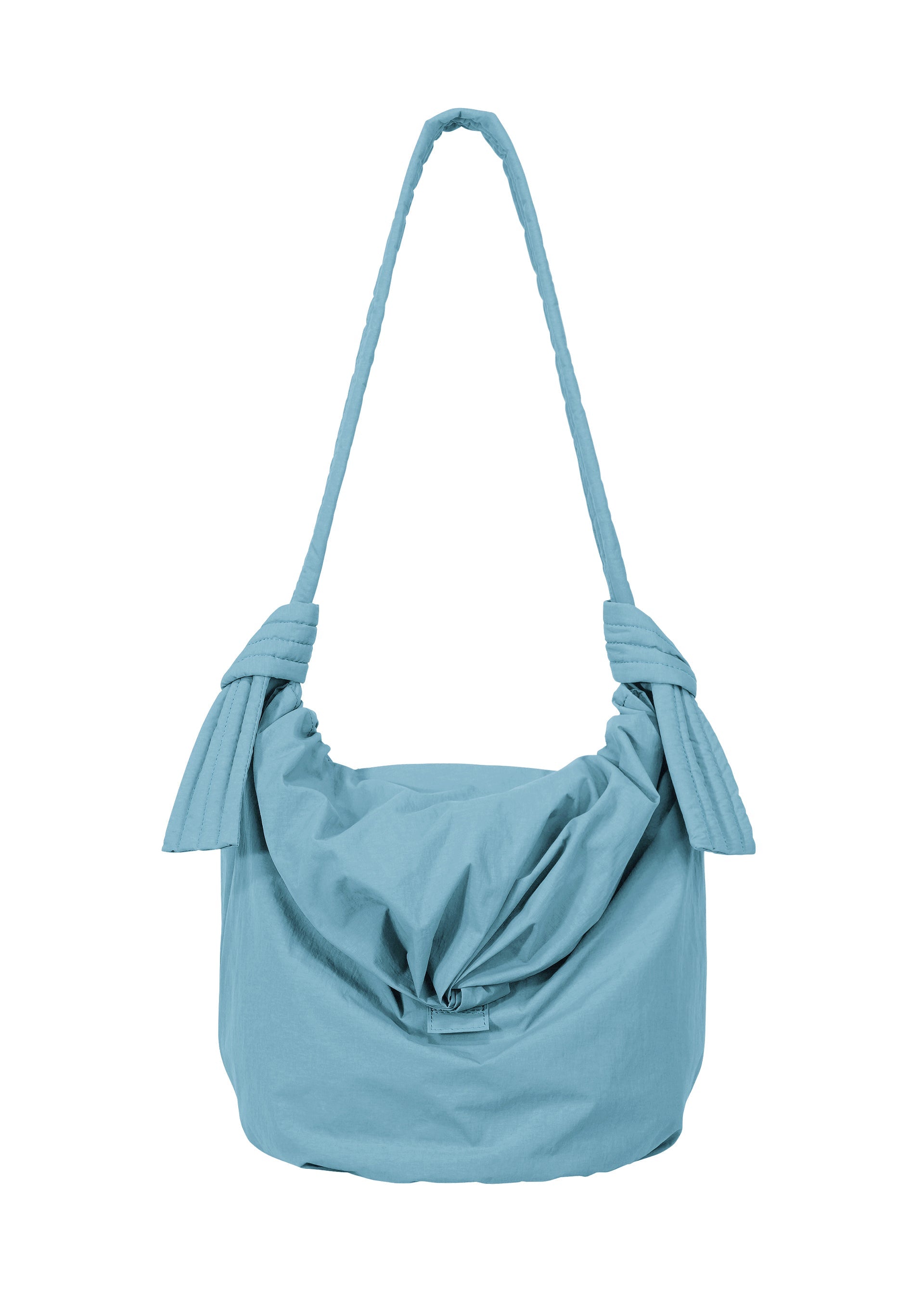 Zoomed view Introducing the FUWA FUWA shoulder bag by GOOD GOODS ISSEY MIYAKE: a light blue, fabric accessory featuring a knotted design on each side of the strap and a gathered, pouch-like silhouette. Inspired by traditional Japanese aesthetics, its soft, subtly textured material stands out against a clean white background. - LIGHT BLUE （no.71）