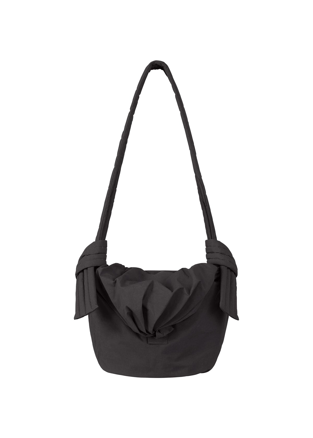 The FUWA FUWA shoulder bag by GOOD GOODS ISSEY MIYAKE features a black, gathered ruched fabric at the top and knotted accents on both sides of the strap, drawing inspiration from Japanese noragi craftsmanship. view 1 of 8