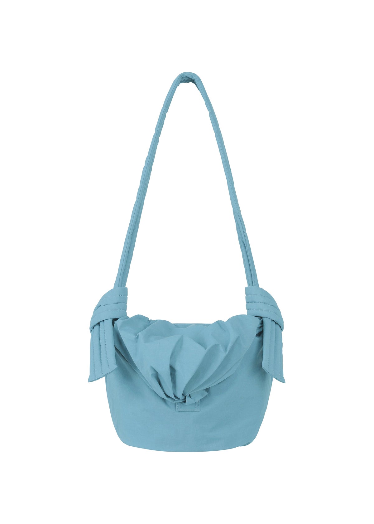 Introducing the FUWA FUWA shoulder bag from GOOD GOODS ISSEY MIYAKE—a light blue fabric accessory with a gathered top closure, relaxed and casual silhouette, and distinctive knotted details on each side of the strap. Inspired by Japanese noragi craftsmanship, this bag combines a soft yet structured shape with thoughtfully implemented zero-waste design principles. view 3 of 8