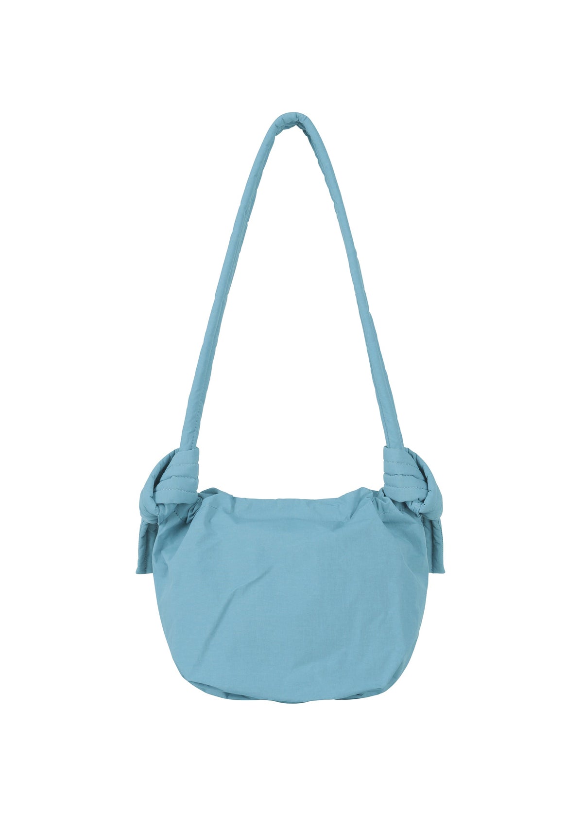 The FUWA FUWA by GOOD GOODS ISSEY MIYAKE is a light blue fabric shoulder bag with a rounded silhouette, featuring a long strap and distinctive knot accents at each side where the strap meets the bag—an effortless design inspired by traditional Japanese noragi style. view 4 of 8