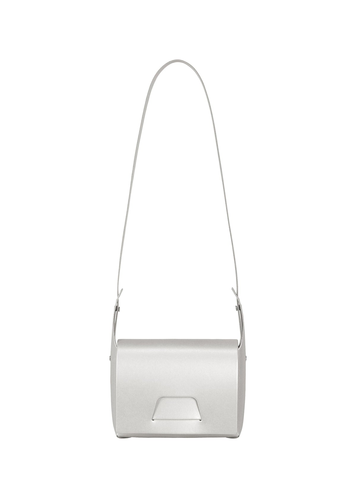 A minimalist rectangular box bag called “BOX” from GOOD GOODS ISSEY MIYAKE, crafted in white leather with a long strap, photographed against a plain white background. view 1 of 4