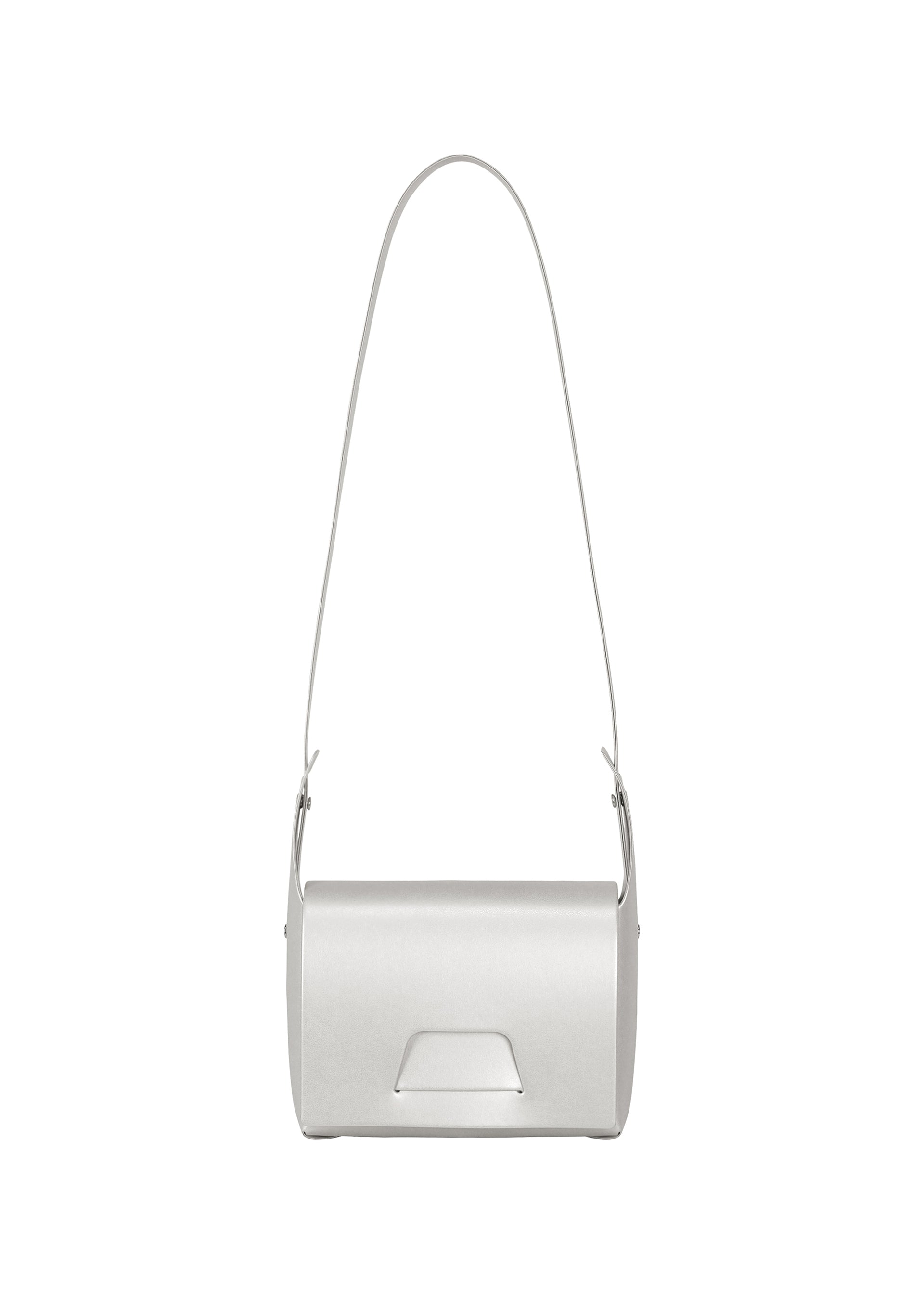 Zoomed view A minimalist rectangular box bag called “BOX” from GOOD GOODS ISSEY MIYAKE, crafted in white leather with a long strap, photographed against a plain white background. - SILVER （no.91）