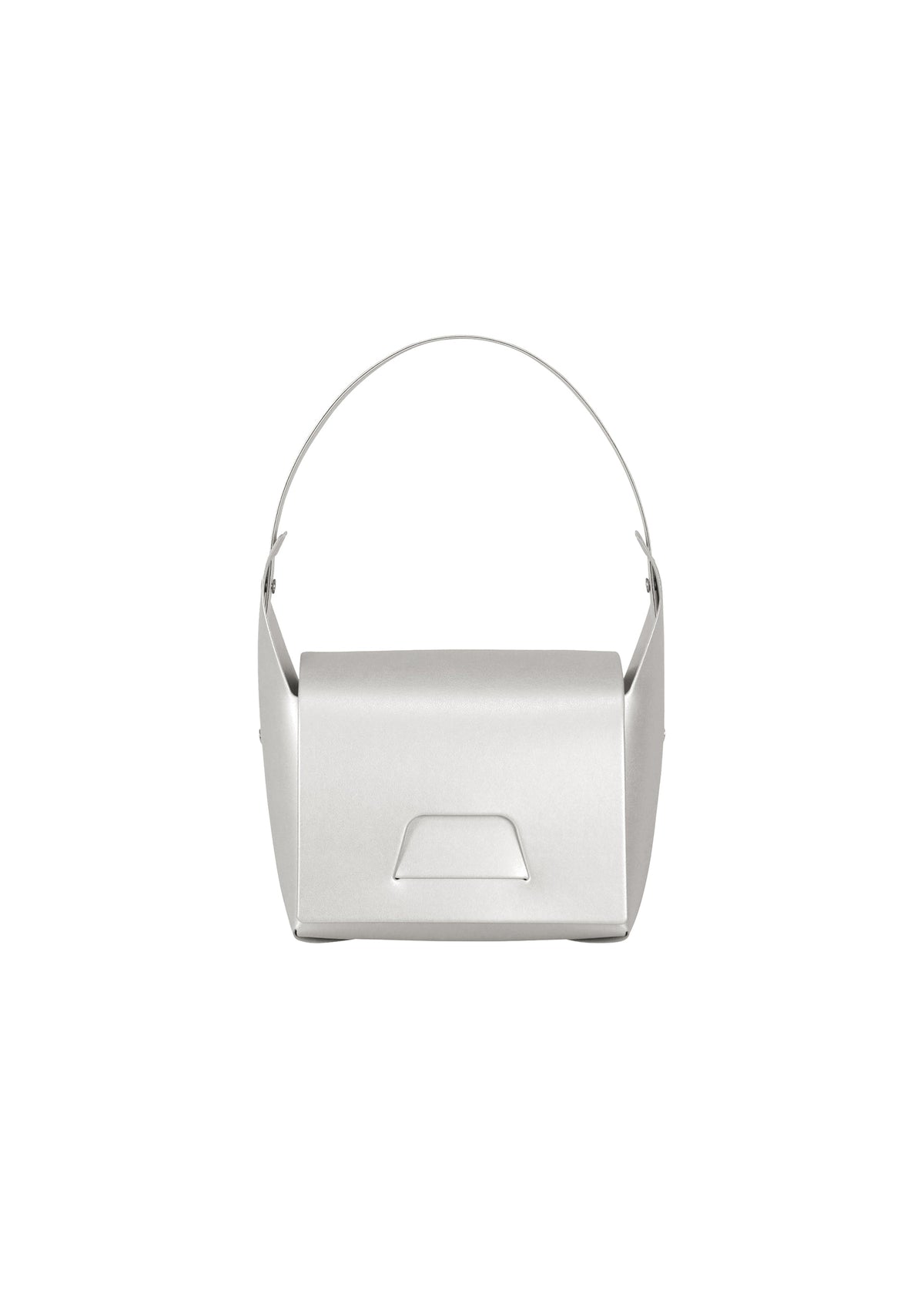 A metallic silver takeout food container called BOX by GOOD GOODS ISSEY MIYAKE, featuring a folded lid and thin wire handle reminiscent of a stylish box bag, photographed against a white background. view 1 of 2