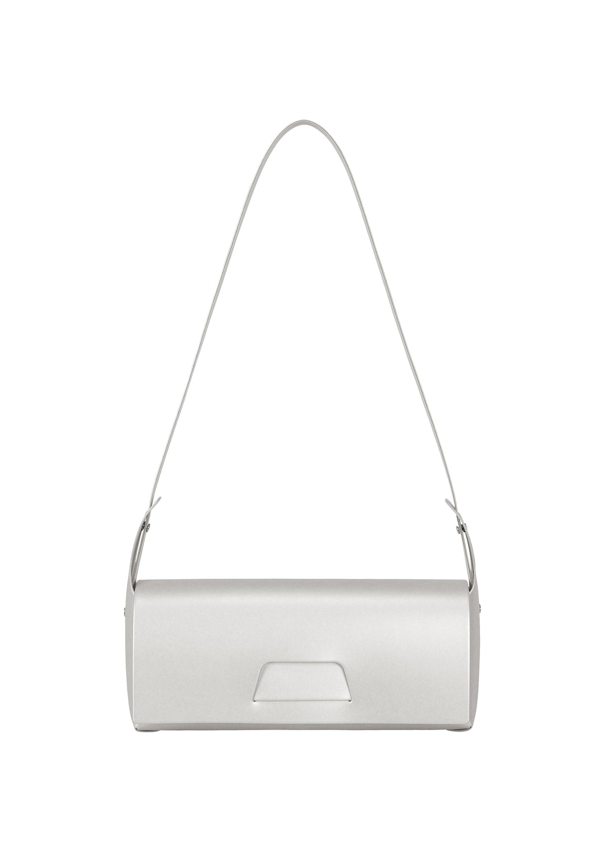 A minimalist, rectangular silver shoulder bag from GOOD GOODS ISSEY MIYAKE’s BOX line, featuring a single thin shoulder strap and a small front flap detail, photographed against a plain white background. view 1 of 8